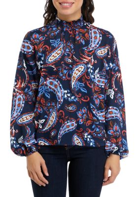 ELLA Rafaella Women's Petite Paisley Print Smocked Neck Long Sleeve Blouse, Navy Blue, PXL