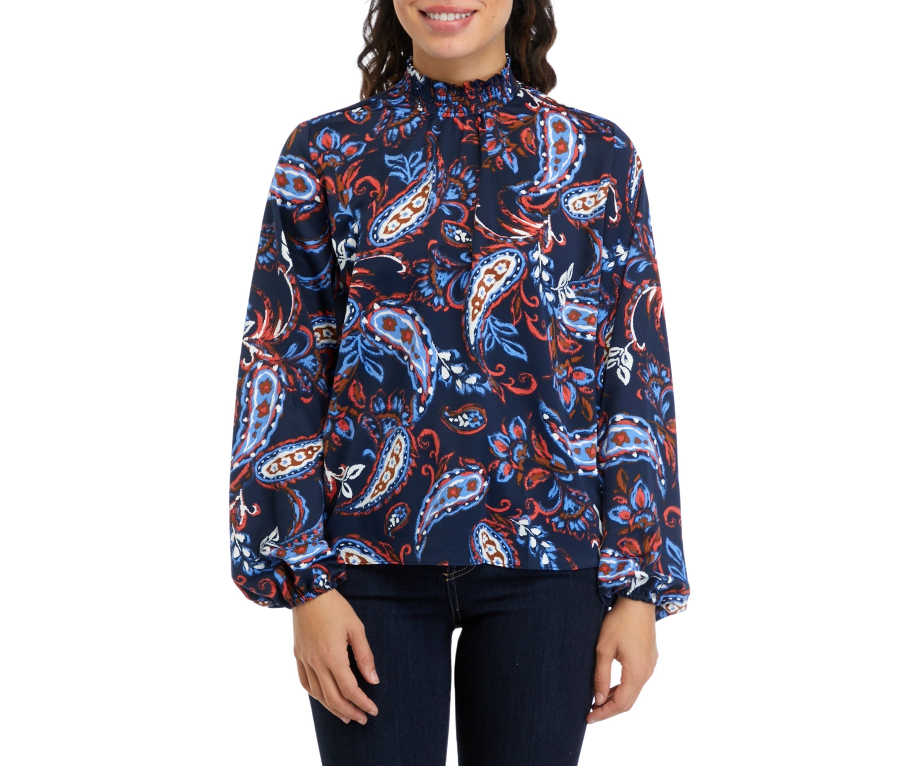 Petite Paisley Print Smocked Neck Long Sleeve Blouse