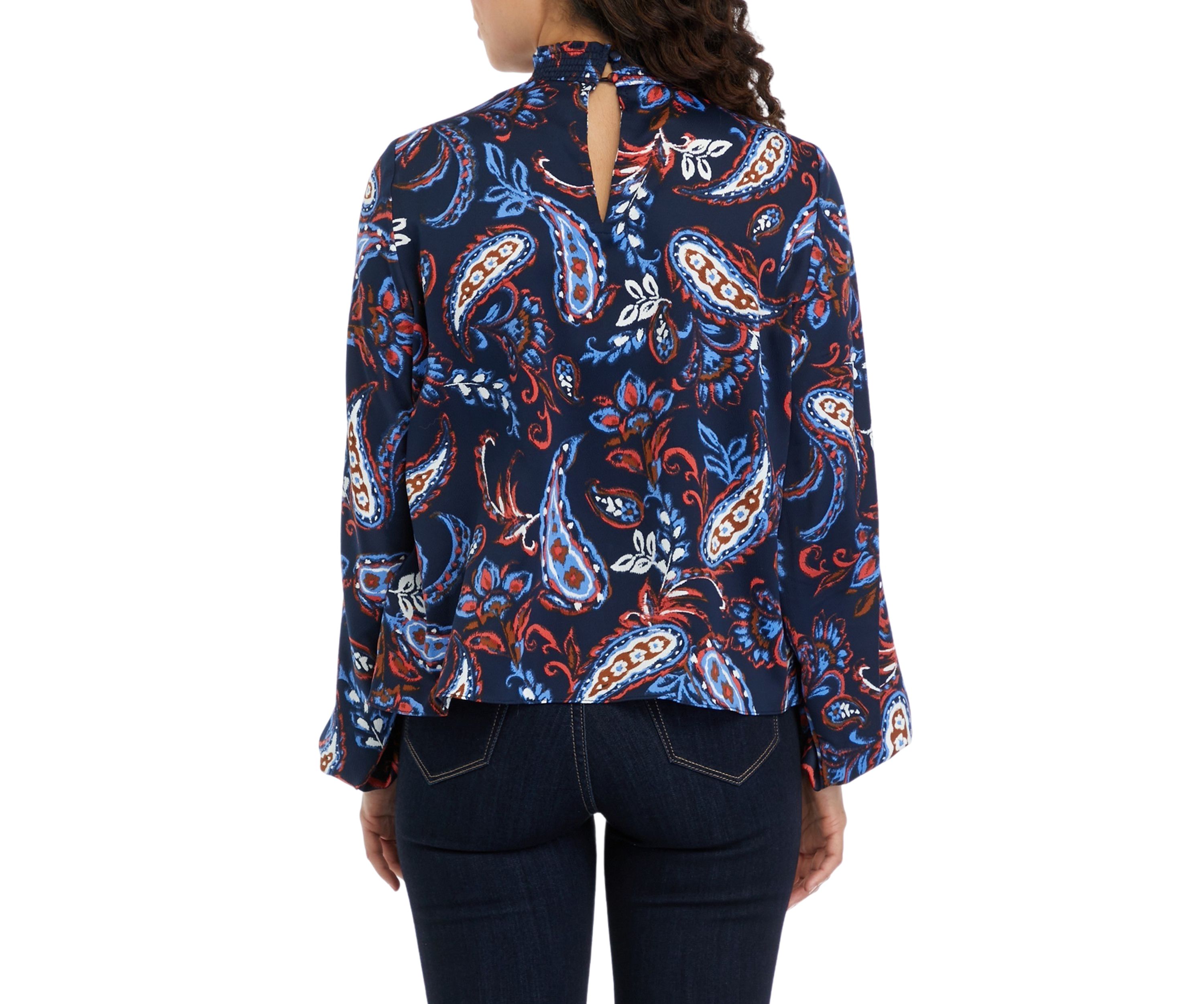 Petite Paisley Print Smocked Neck Long Sleeve Blouse