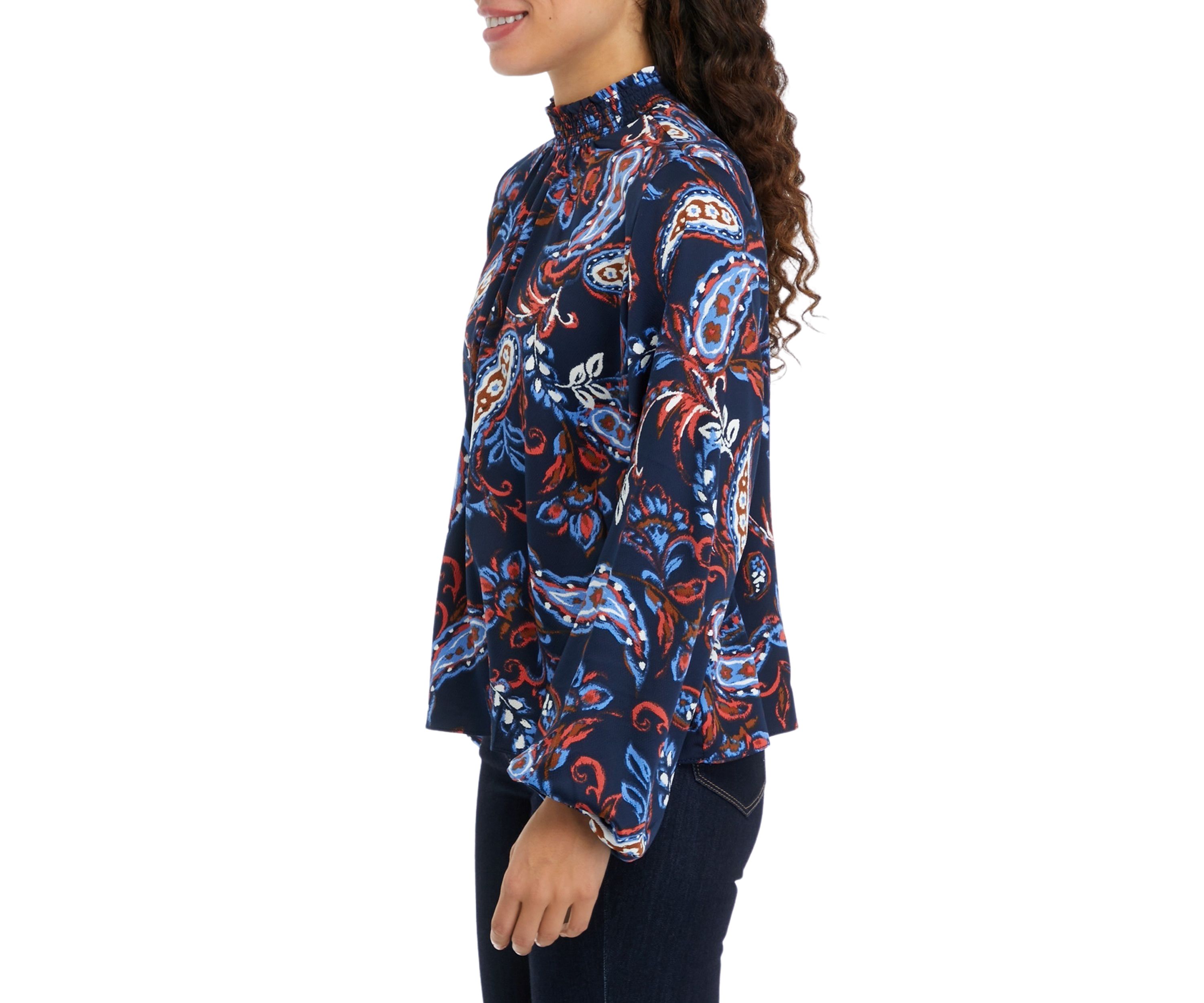 Petite Paisley Print Smocked Neck Long Sleeve Blouse