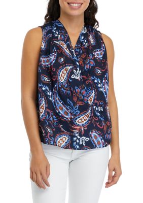 ELLA Rafaella Women's Petite Paisley Print Pleated Satin Sleeveless Shell Top, Navy Blue, PXL