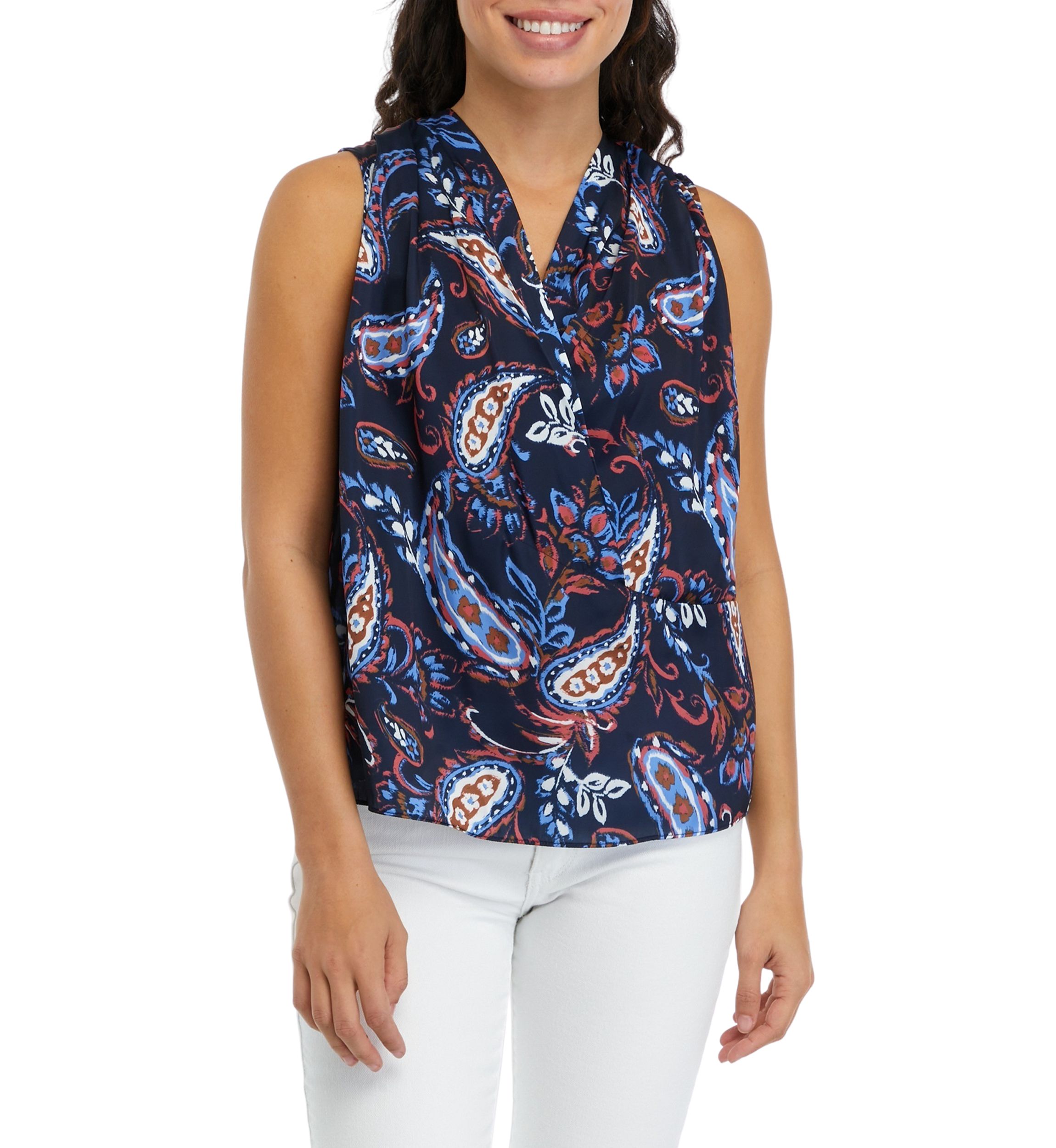 Petite Paisley Print Pleated Satin Sleeveless Shell Top