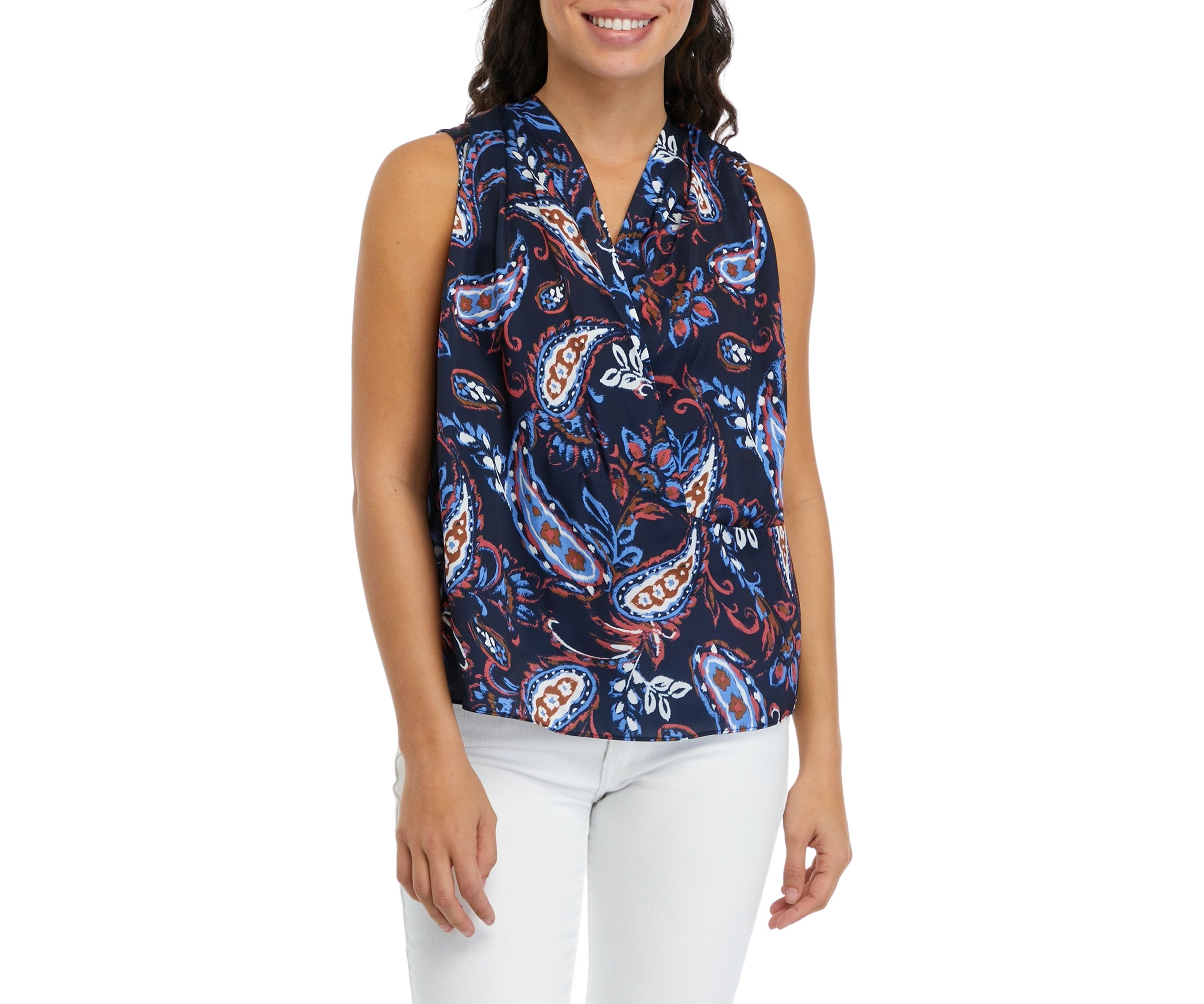 Petite Paisley Print Pleated Satin Sleeveless Shell Top
