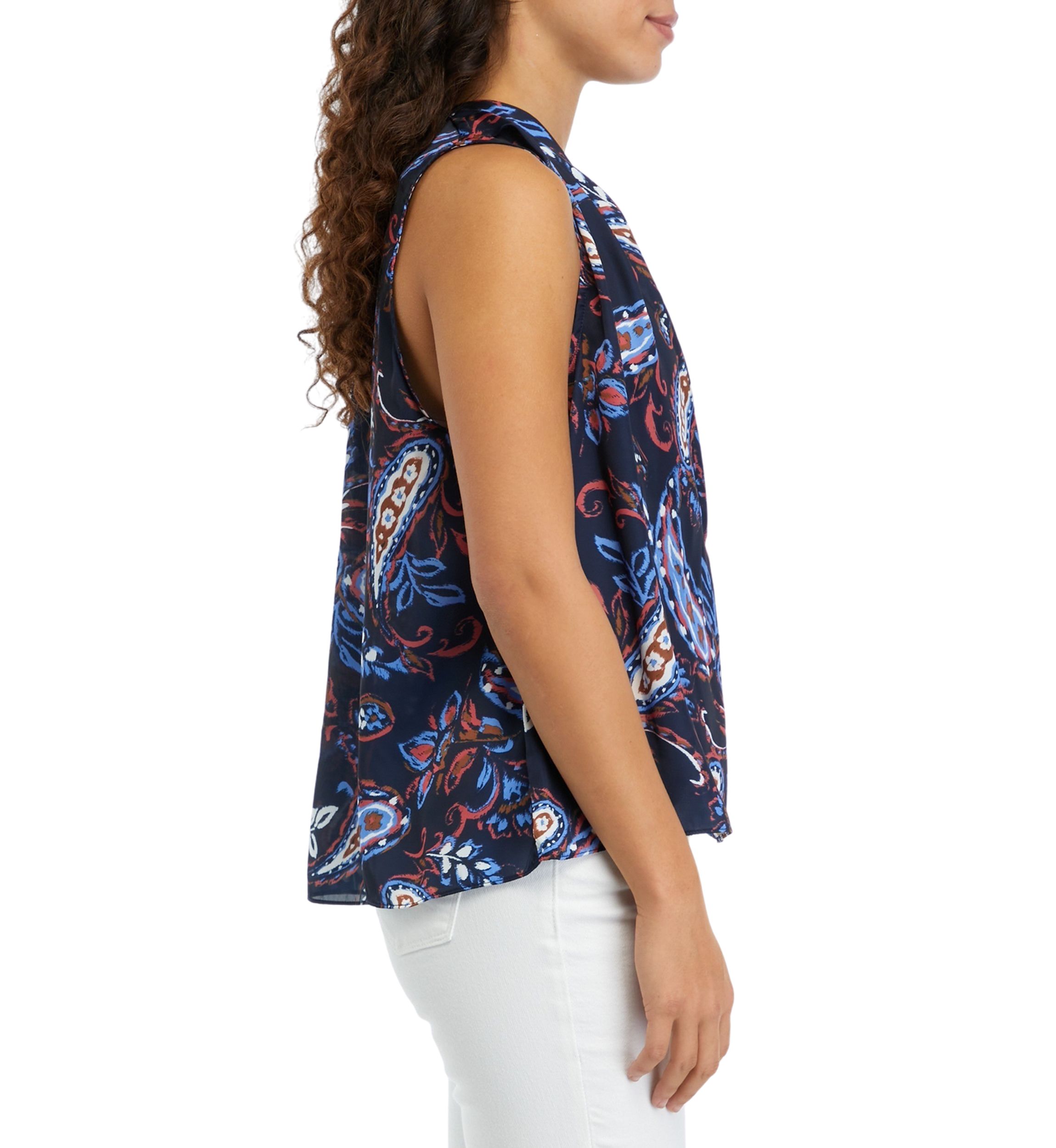 Petite Paisley Print Pleated Satin Sleeveless Shell Top