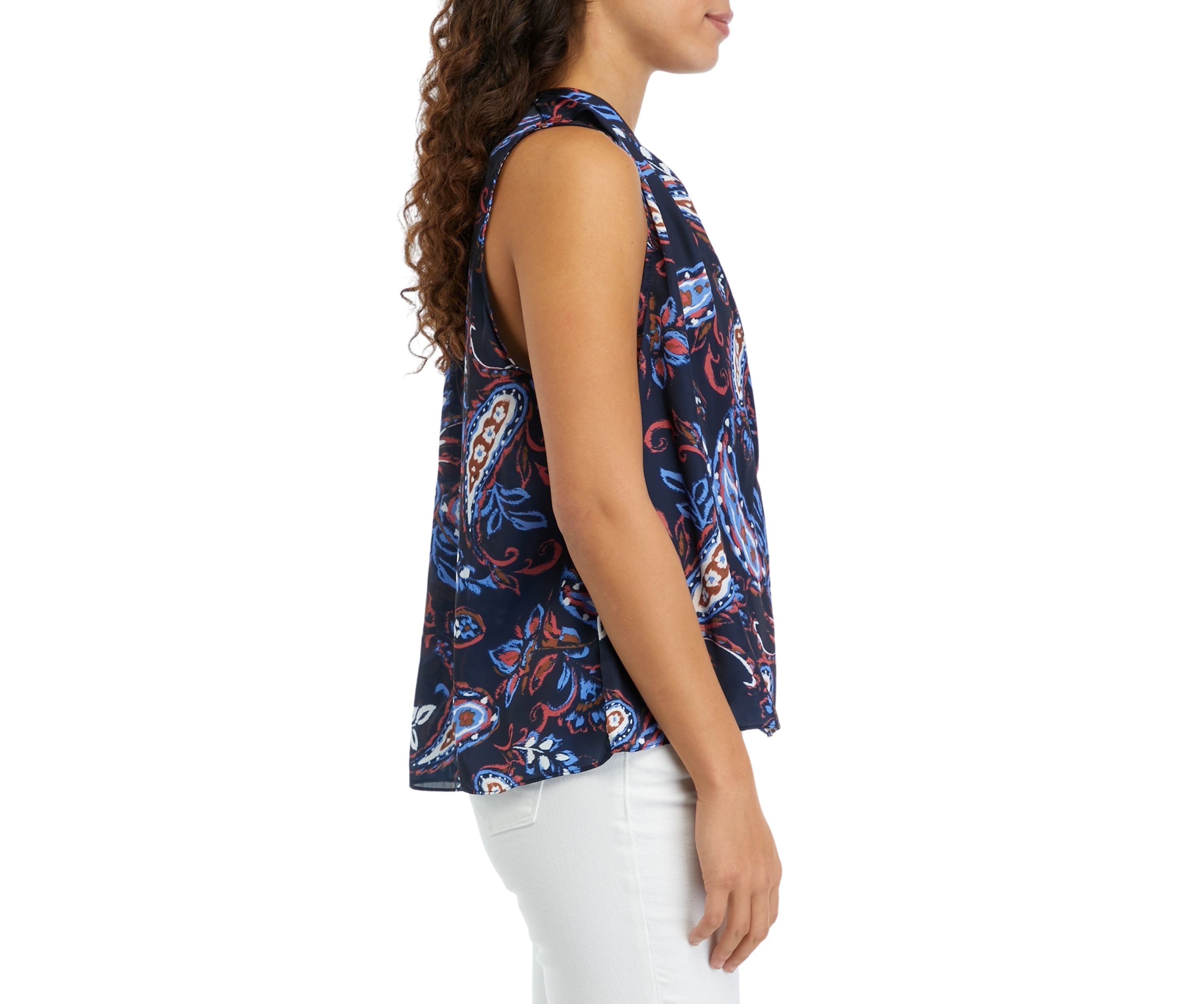 Petite Paisley Print Pleated Satin Sleeveless Shell Top