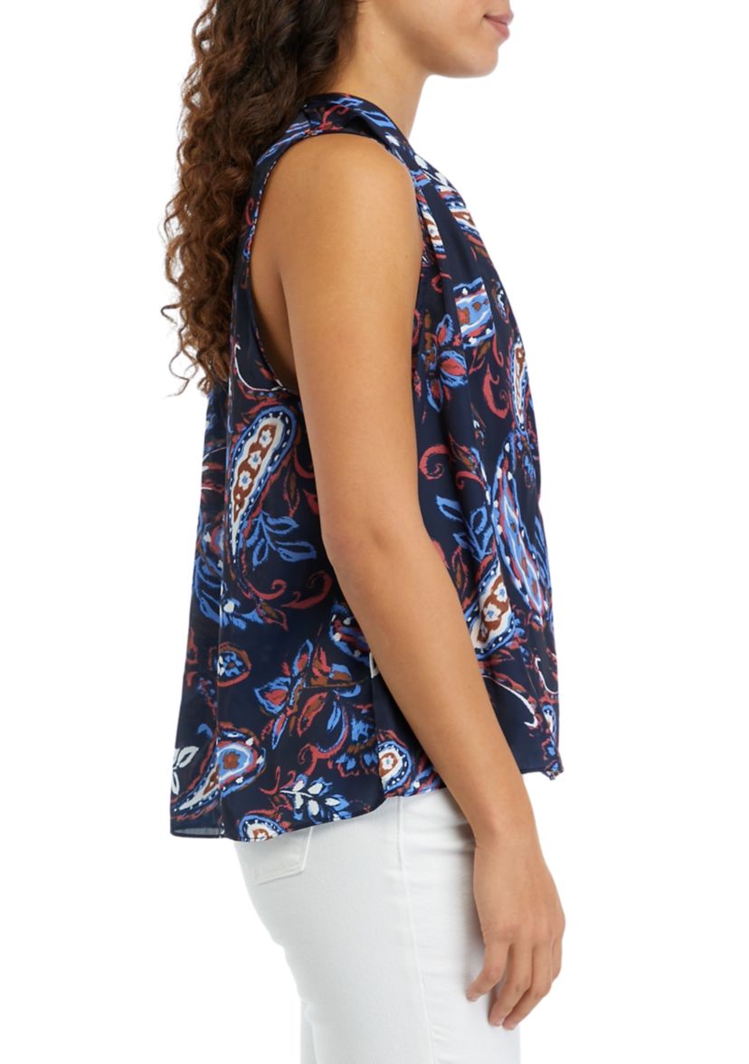 Petite Paisley Print Pleated Satin Sleeveless Shell Top