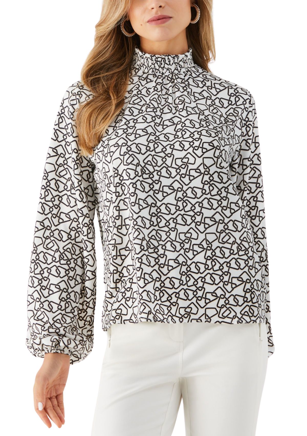 Petite Geometric Print Smocked Neck Long Sleeve Blouse