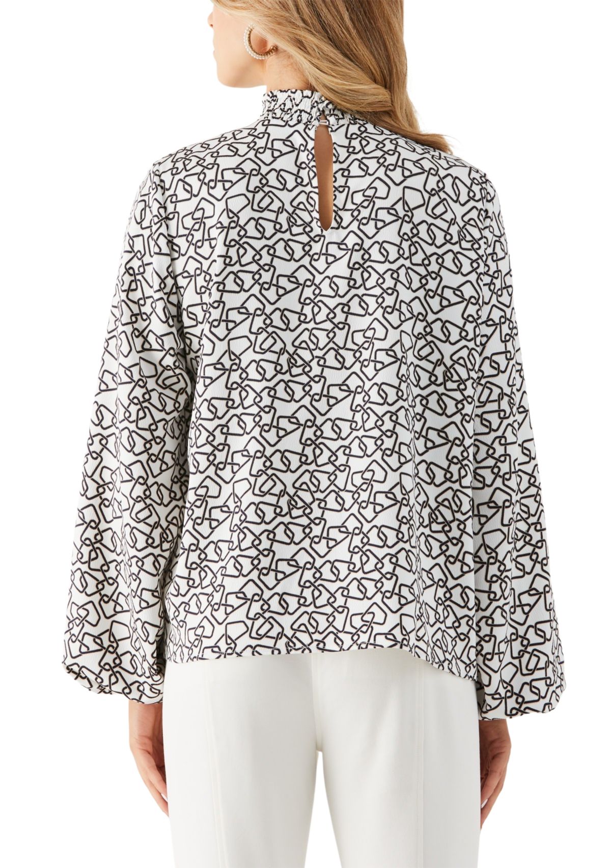 Petite Geometric Print Smocked Neck Long Sleeve Blouse