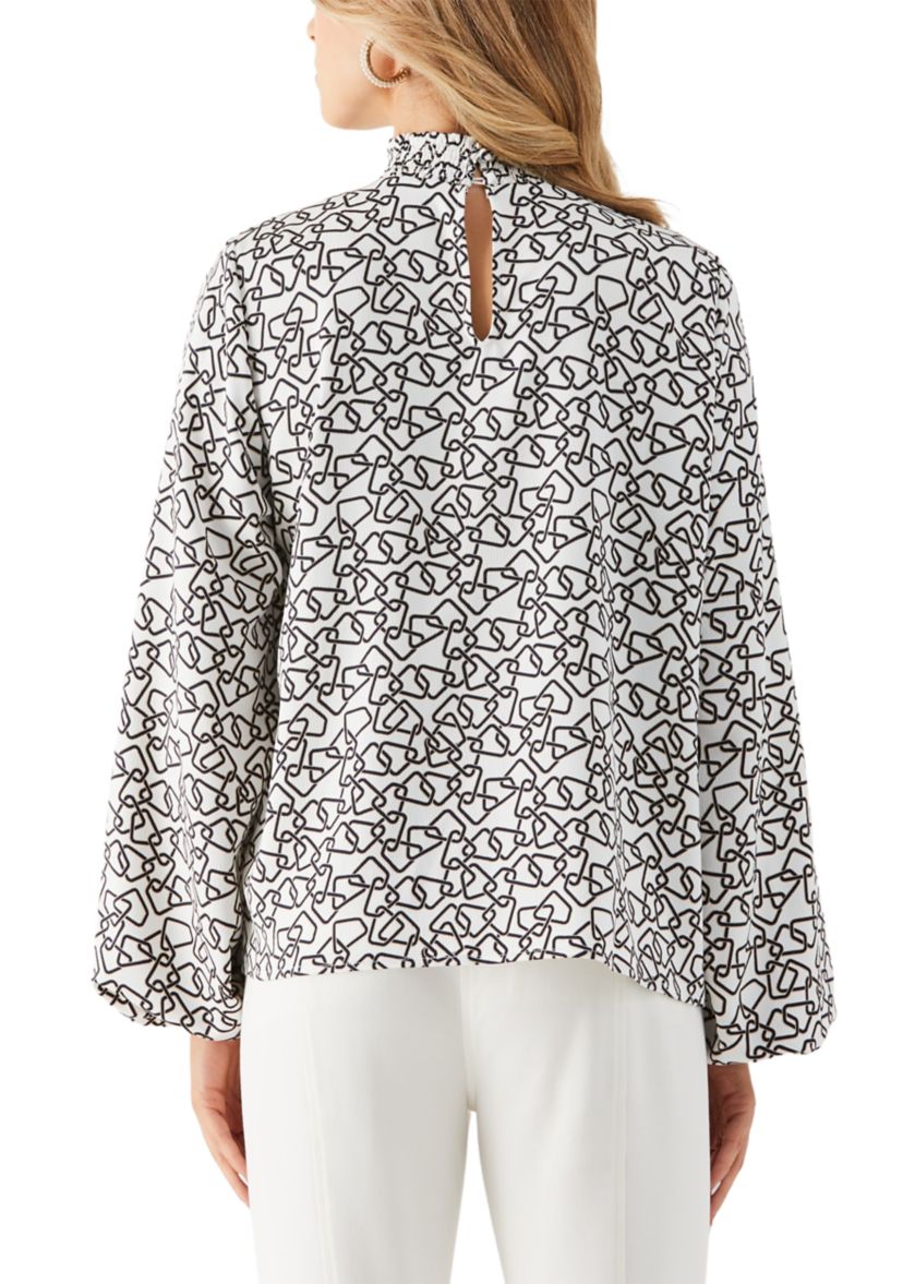 Petite Geometric Print Smocked Neck Long Sleeve Blouse
