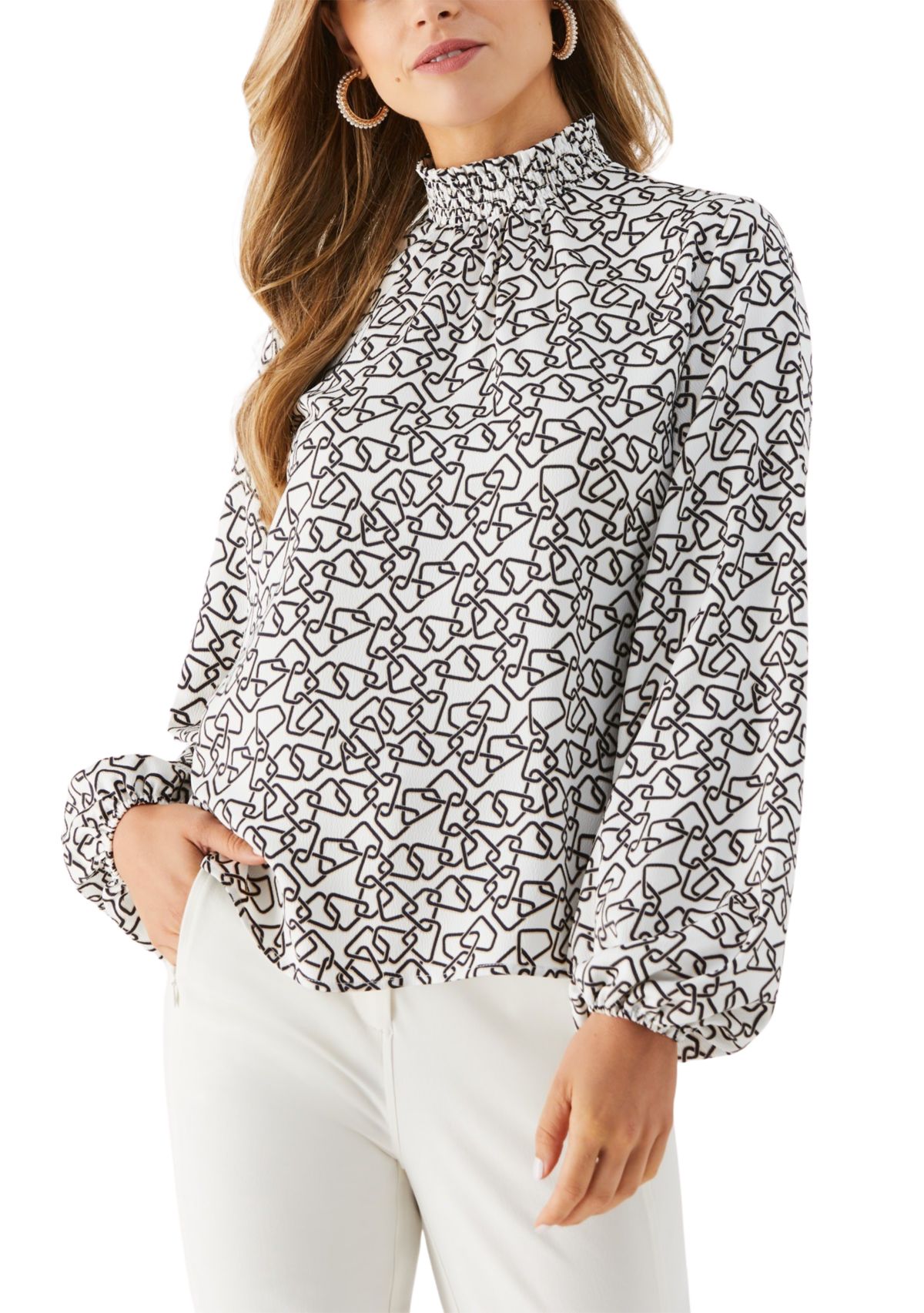 Petite Geometric Print Smocked Neck Long Sleeve Blouse