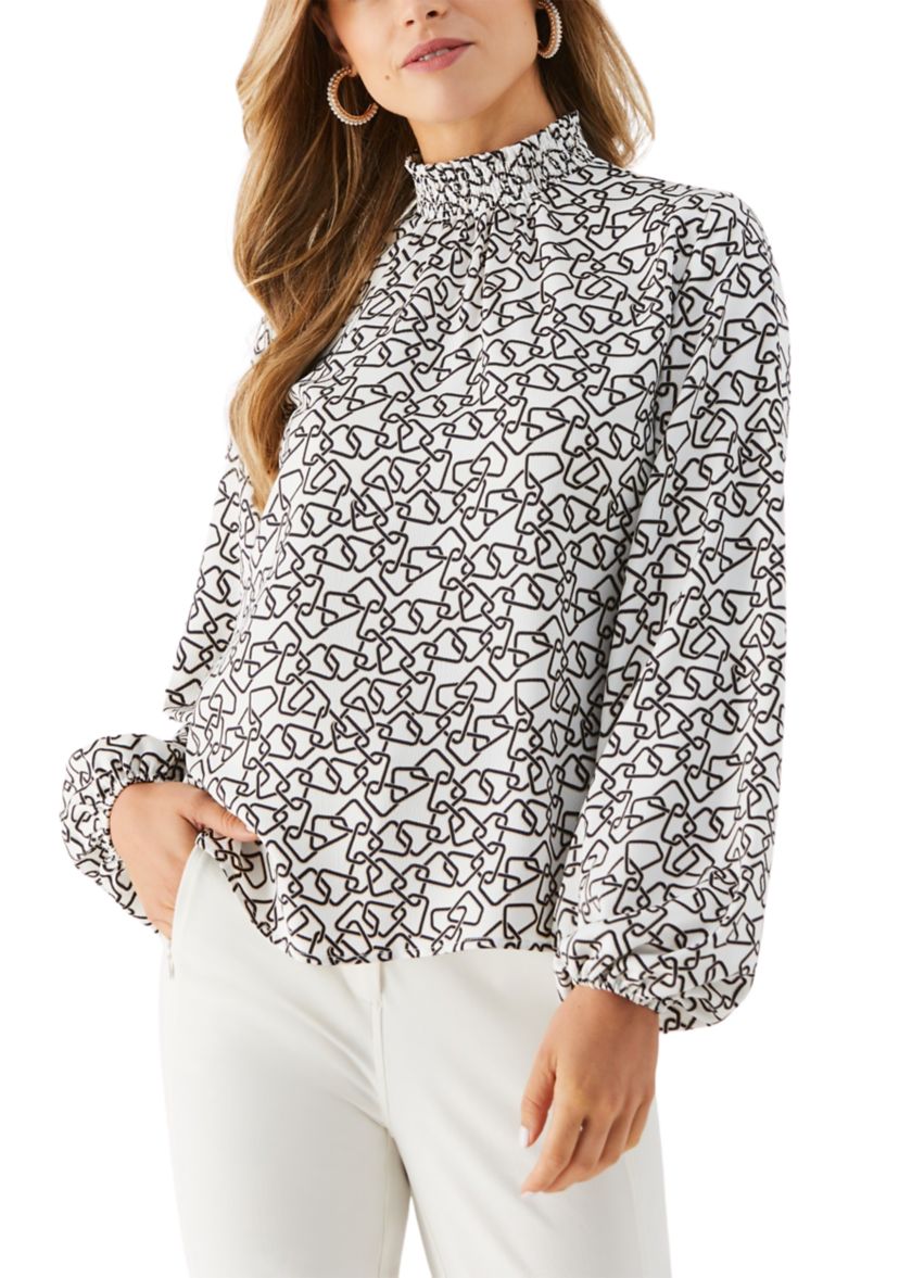 Petite Geometric Print Smocked Neck Long Sleeve Blouse