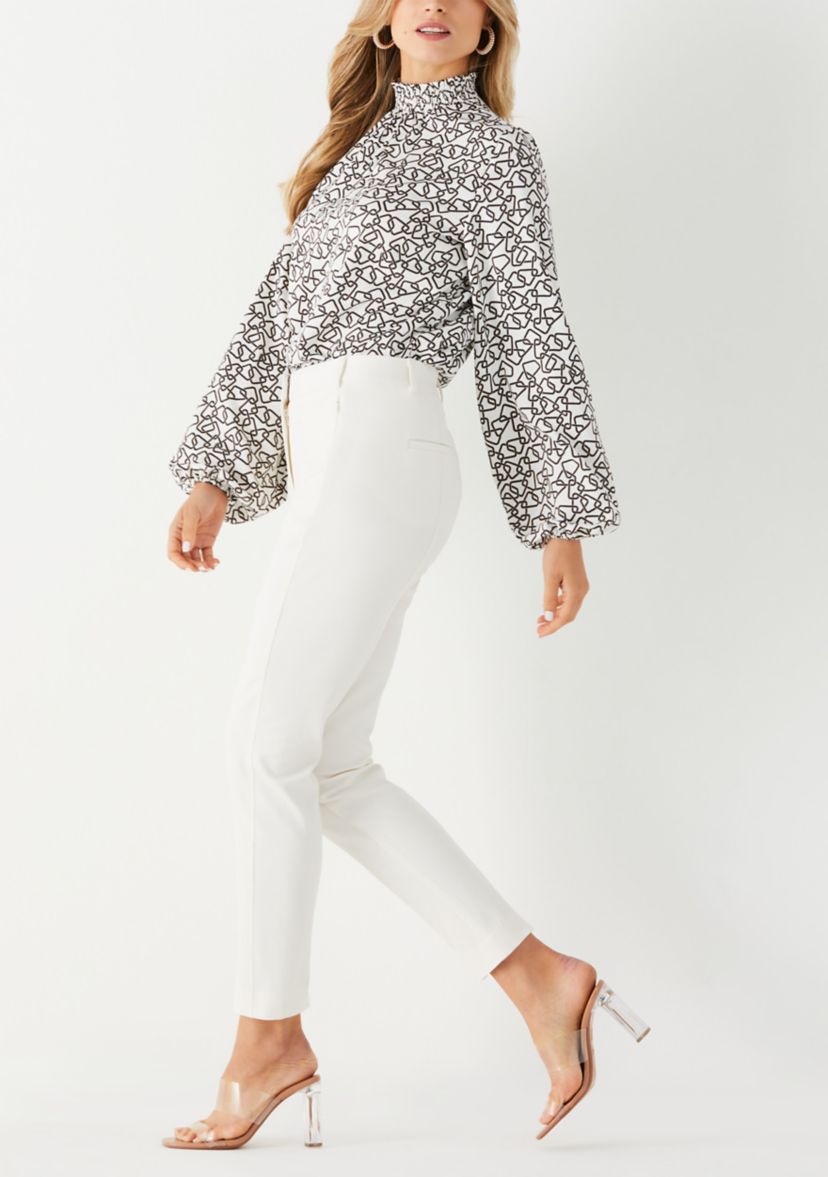 Petite Geometric Print Smocked Neck Long Sleeve Blouse