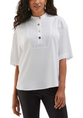 ELLA Rafaella Women's Petite Smocked Banded Collar Short Sleeve Top