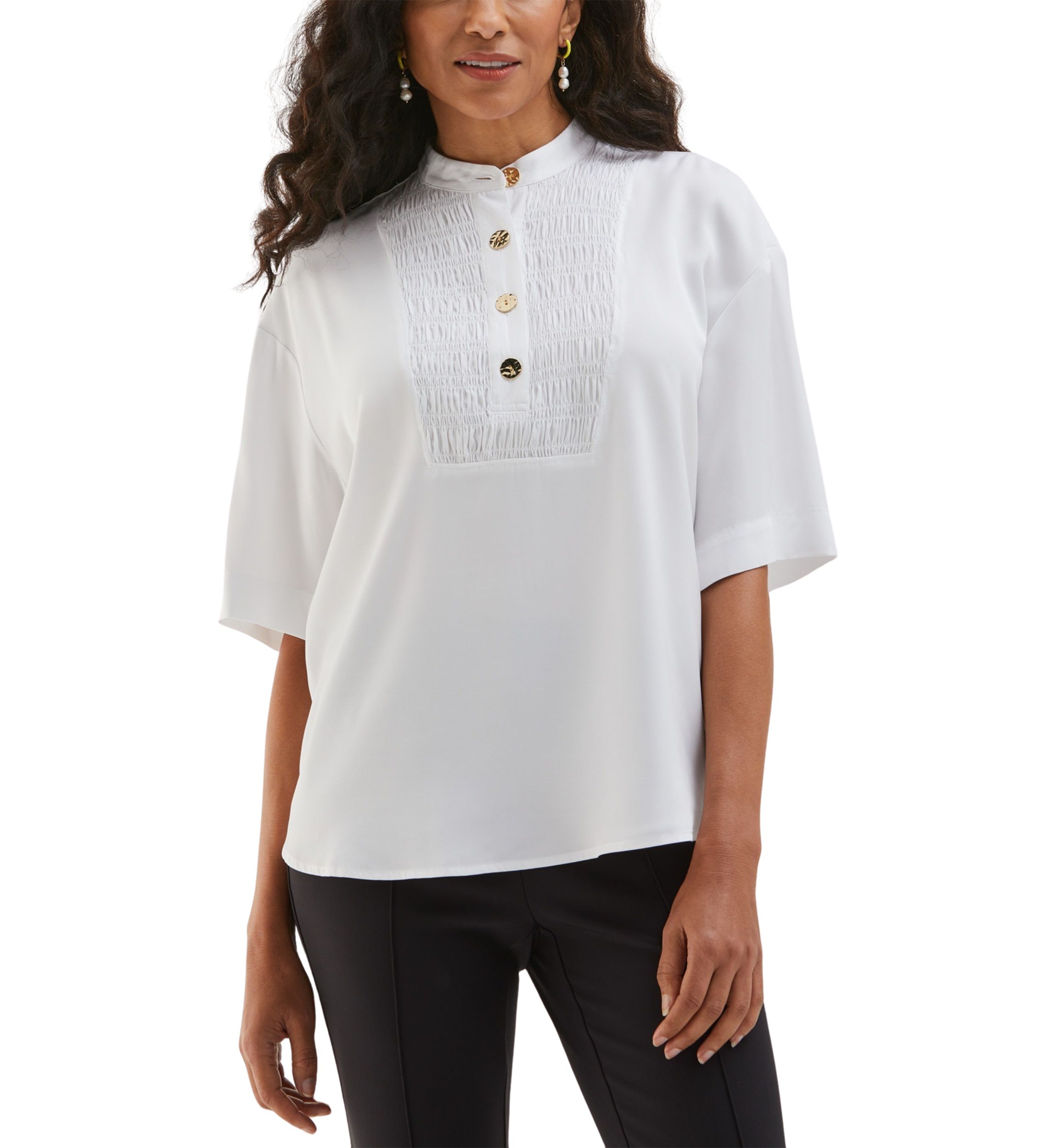 Petite Smocked Banded Collar Short Sleeve Top
