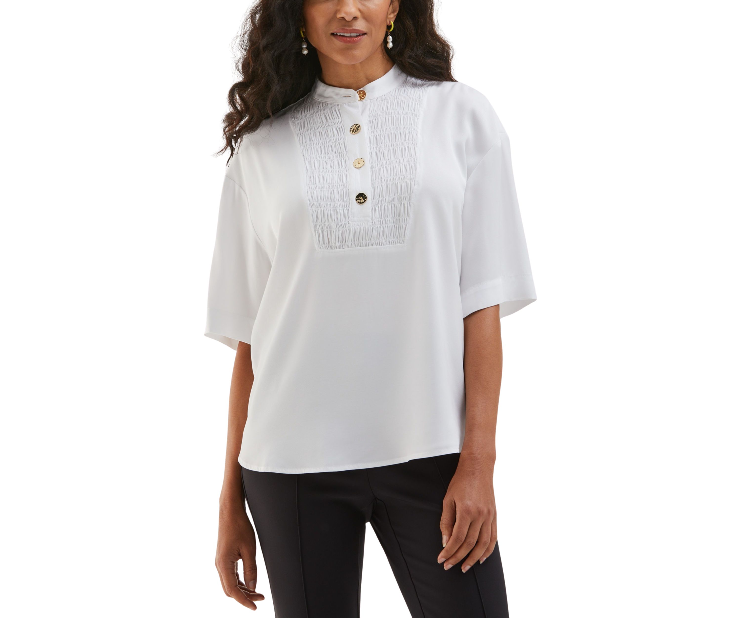 Petite Smocked Banded Collar Short Sleeve Top