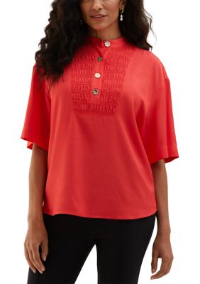 ELLA Rafaella Women's Petite Smocked Banded Collar Short Sleeve Top, PL