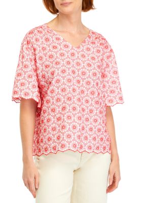 ELLA Rafaella Women's Petite Daisy Embroidered Elbow Sleeve Blouse, PL