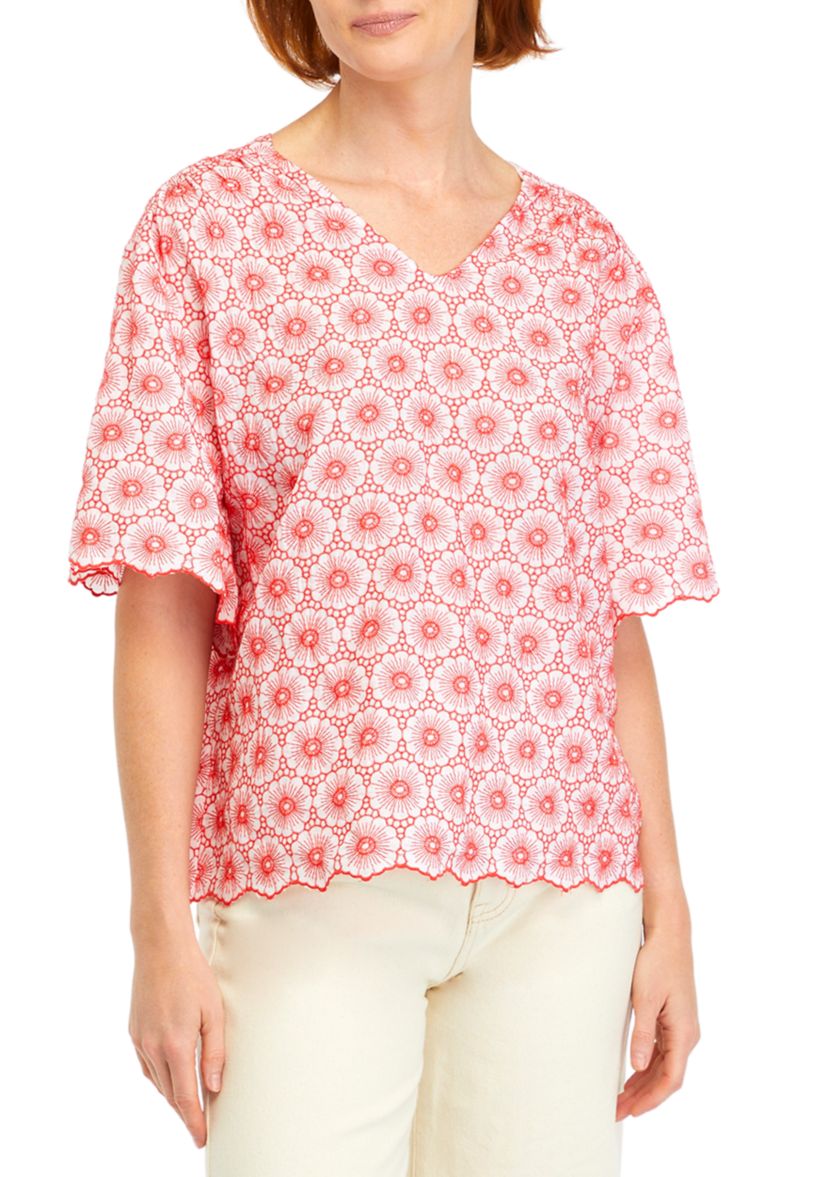  Petite Daisy Embroidered Elbow Sleeve Blouse 
