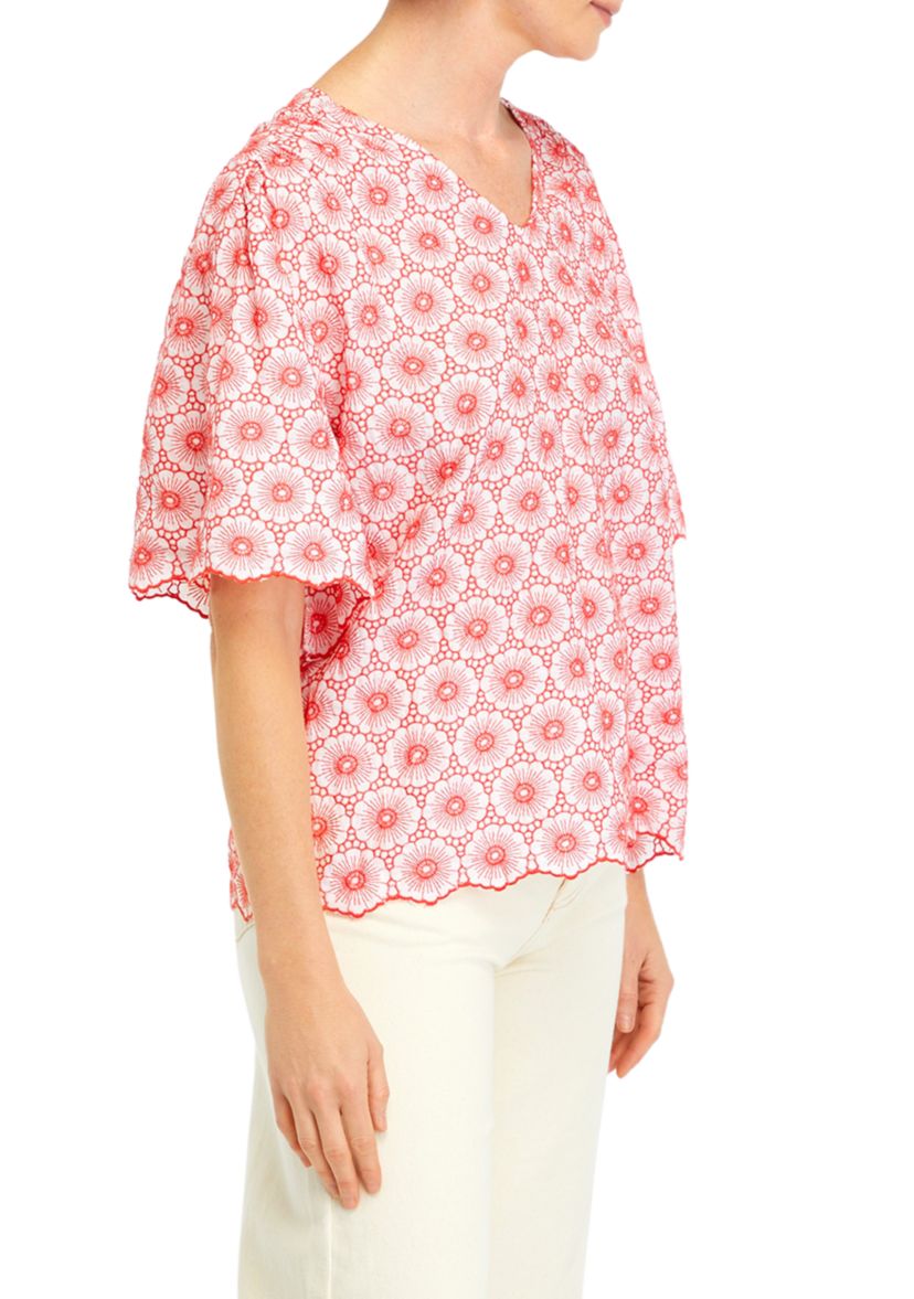  Petite Daisy Embroidered Elbow Sleeve Blouse 