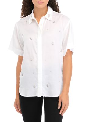 ELLA Rafaella Women's Petite Rhinestone Embellished Relaxed Short Sleeve Blouse, White, PS