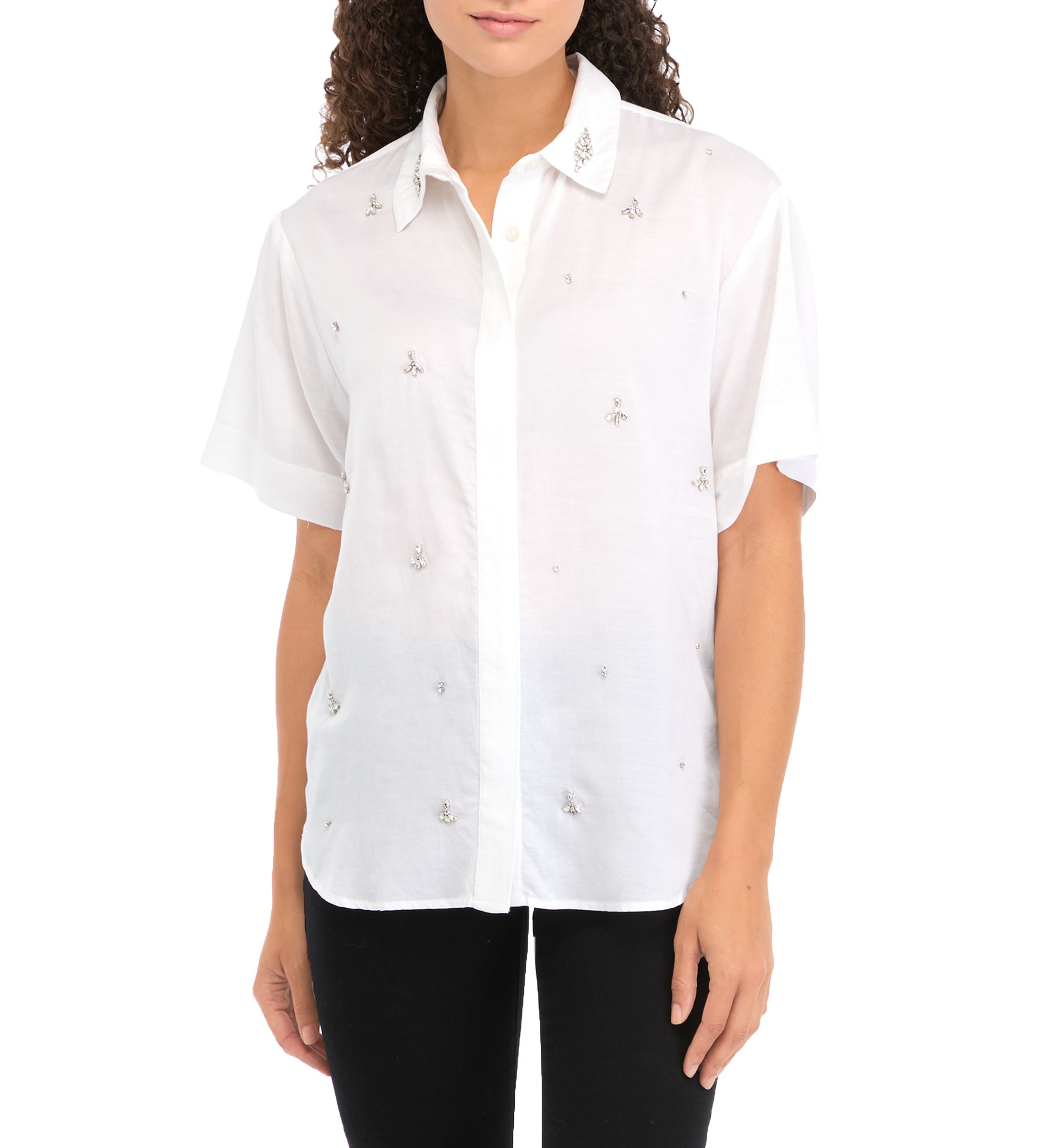 Petite Rhinestone Embellished Relaxed Short Sleeve Blouse