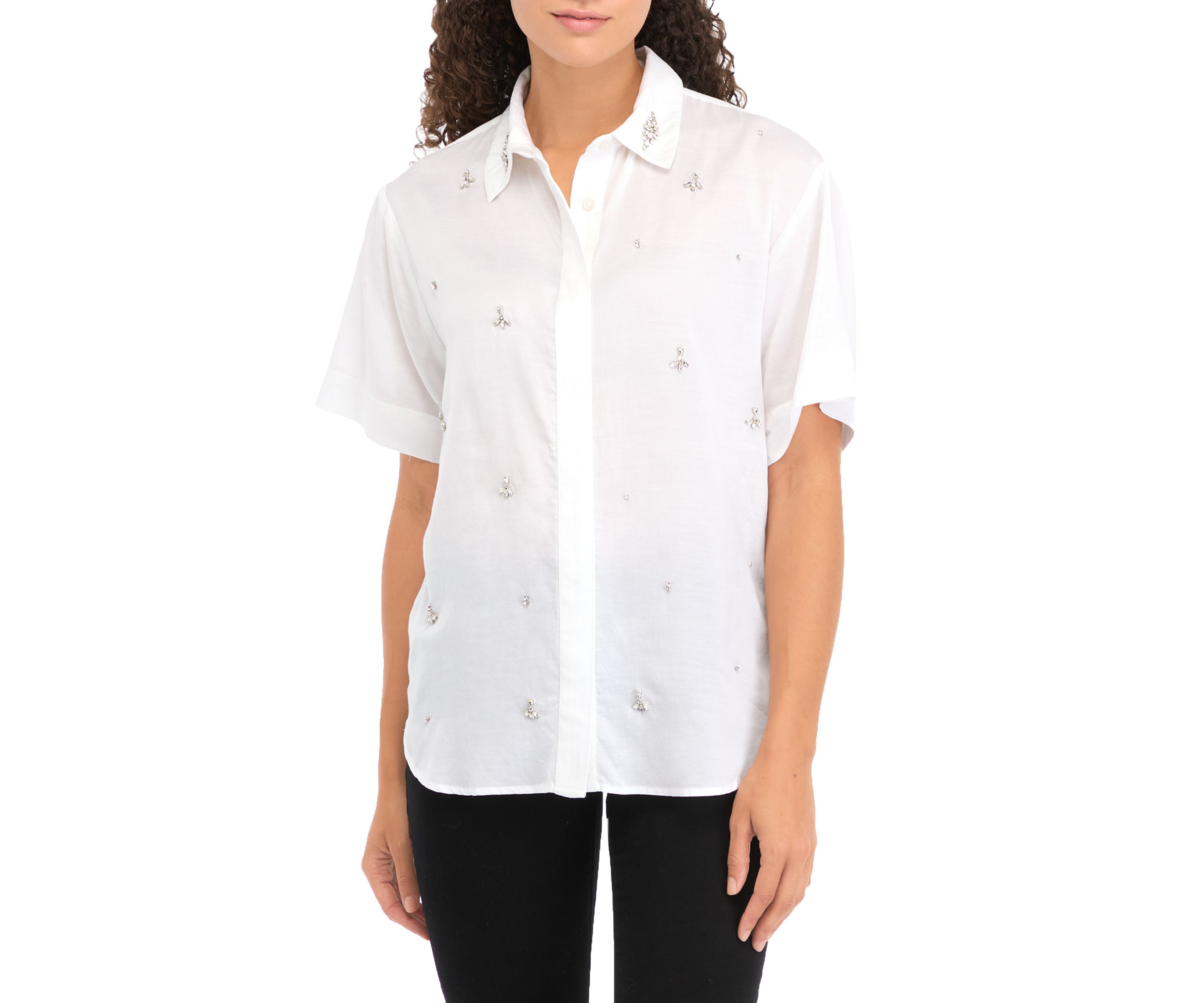 Petite Rhinestone Embellished Relaxed Short Sleeve Blouse