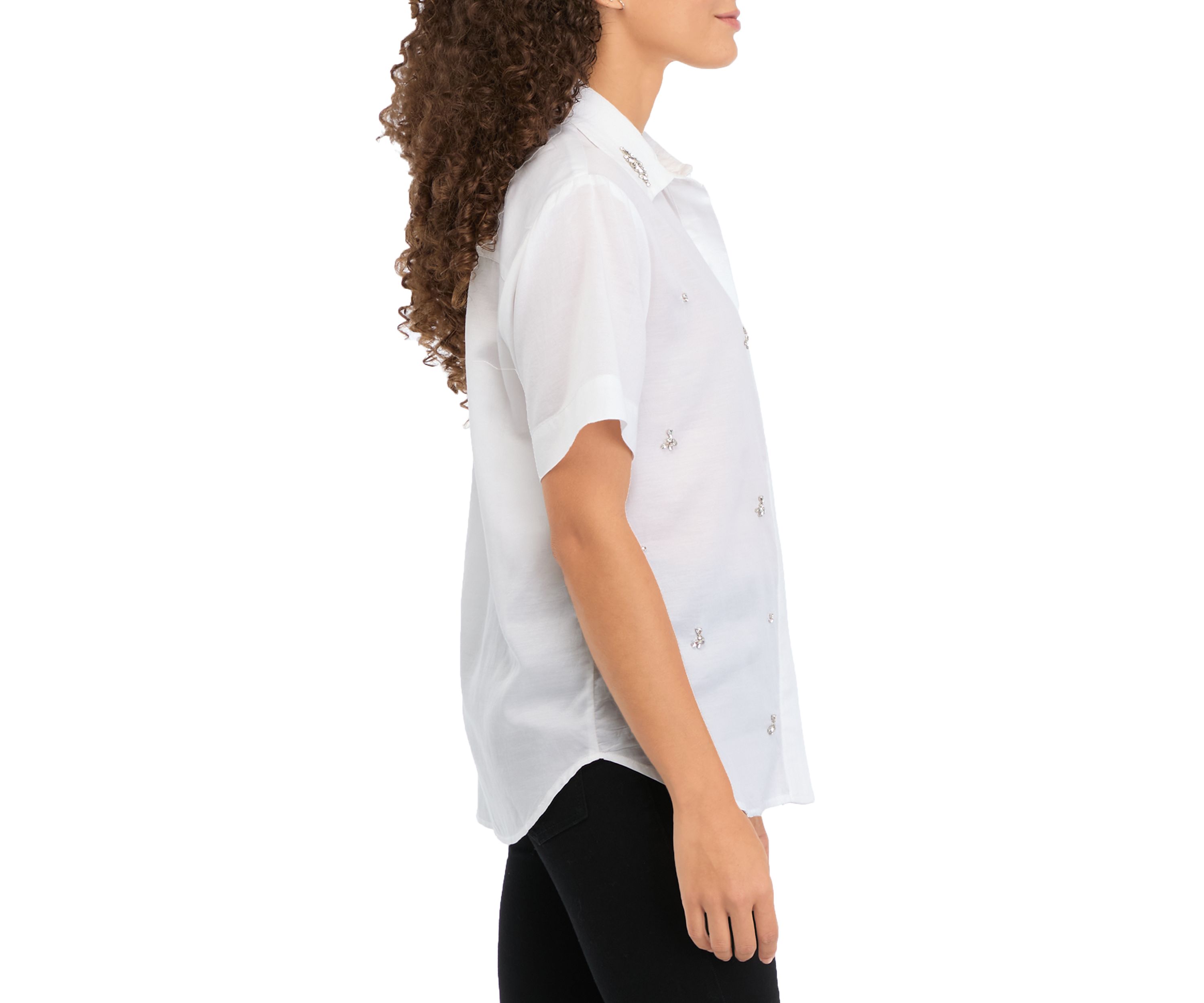 Petite Rhinestone Embellished Relaxed Short Sleeve Blouse