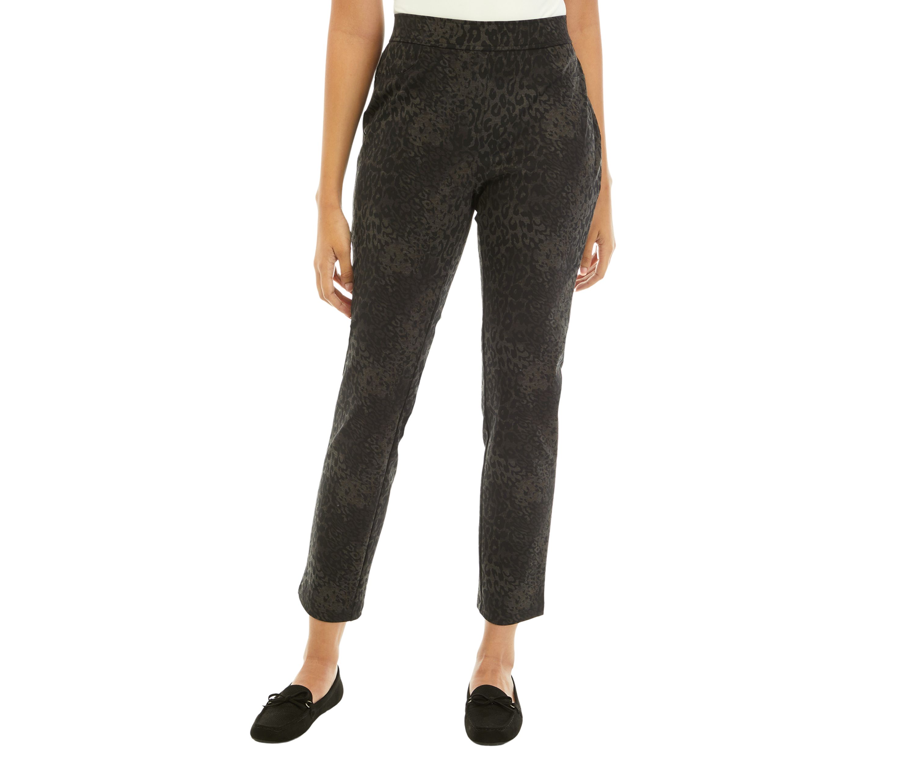 Womens Mixed Leopard Ponte Pull On 5 Pocket Slim Leg Pants