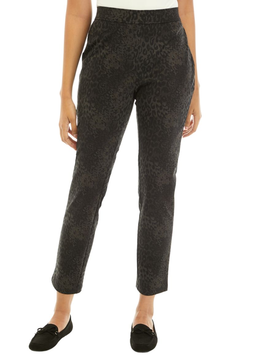 Womens Mixed Leopard Ponte Pull On 5 Pocket Slim Leg Pants