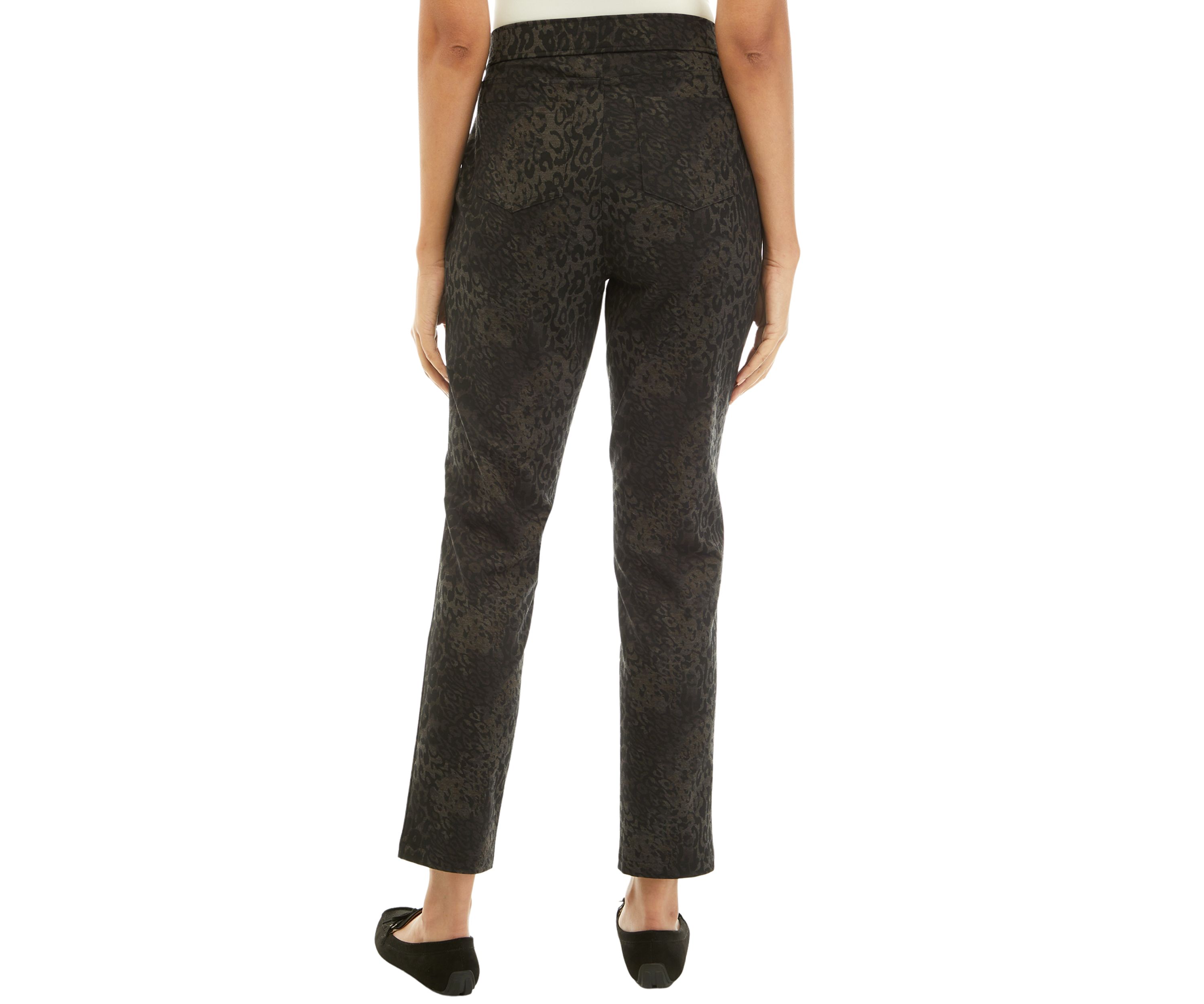Womens Mixed Leopard Ponte Pull On 5 Pocket Slim Leg Pants