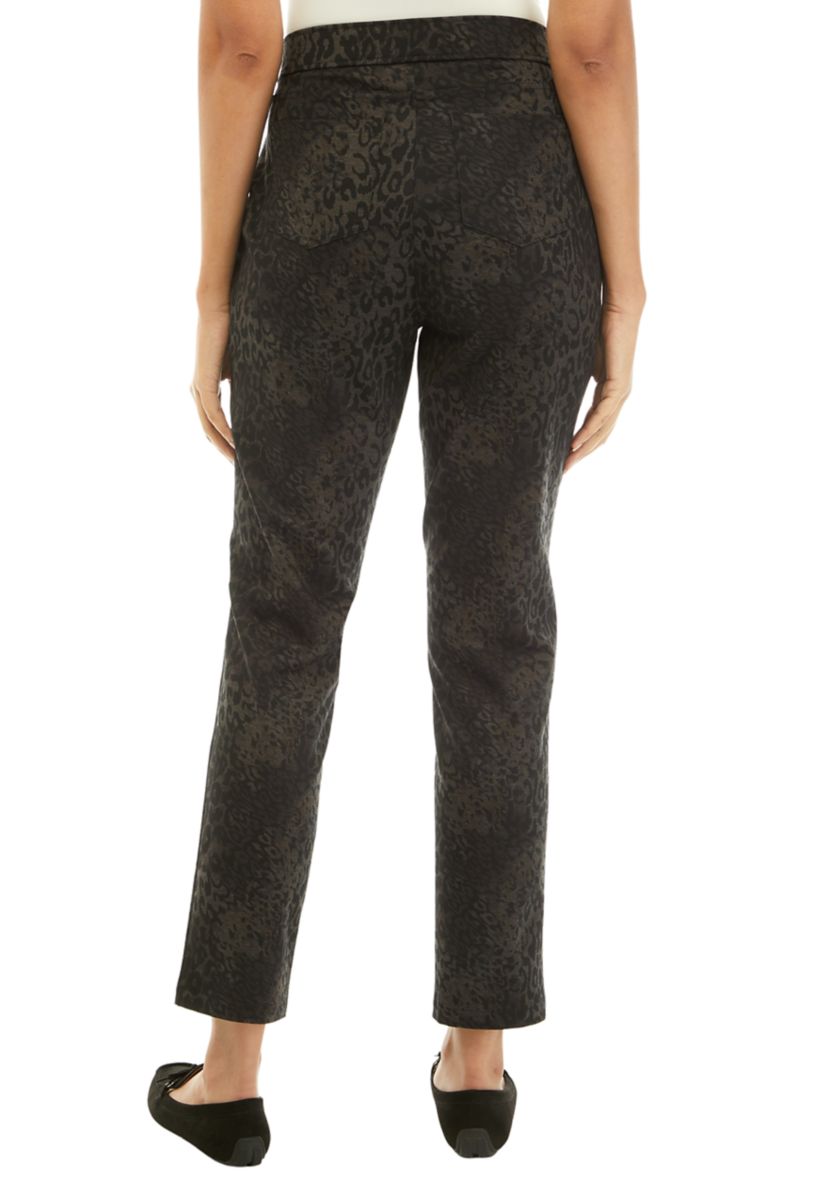 Womens Mixed Leopard Ponte Pull On 5 Pocket Slim Leg Pants