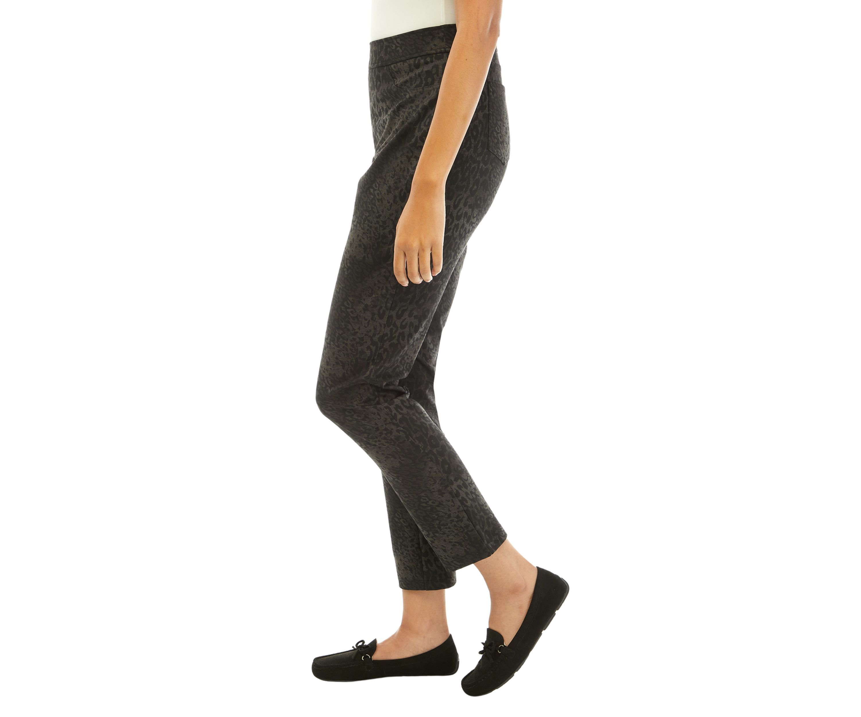 Womens Mixed Leopard Ponte Pull On 5 Pocket Slim Leg Pants