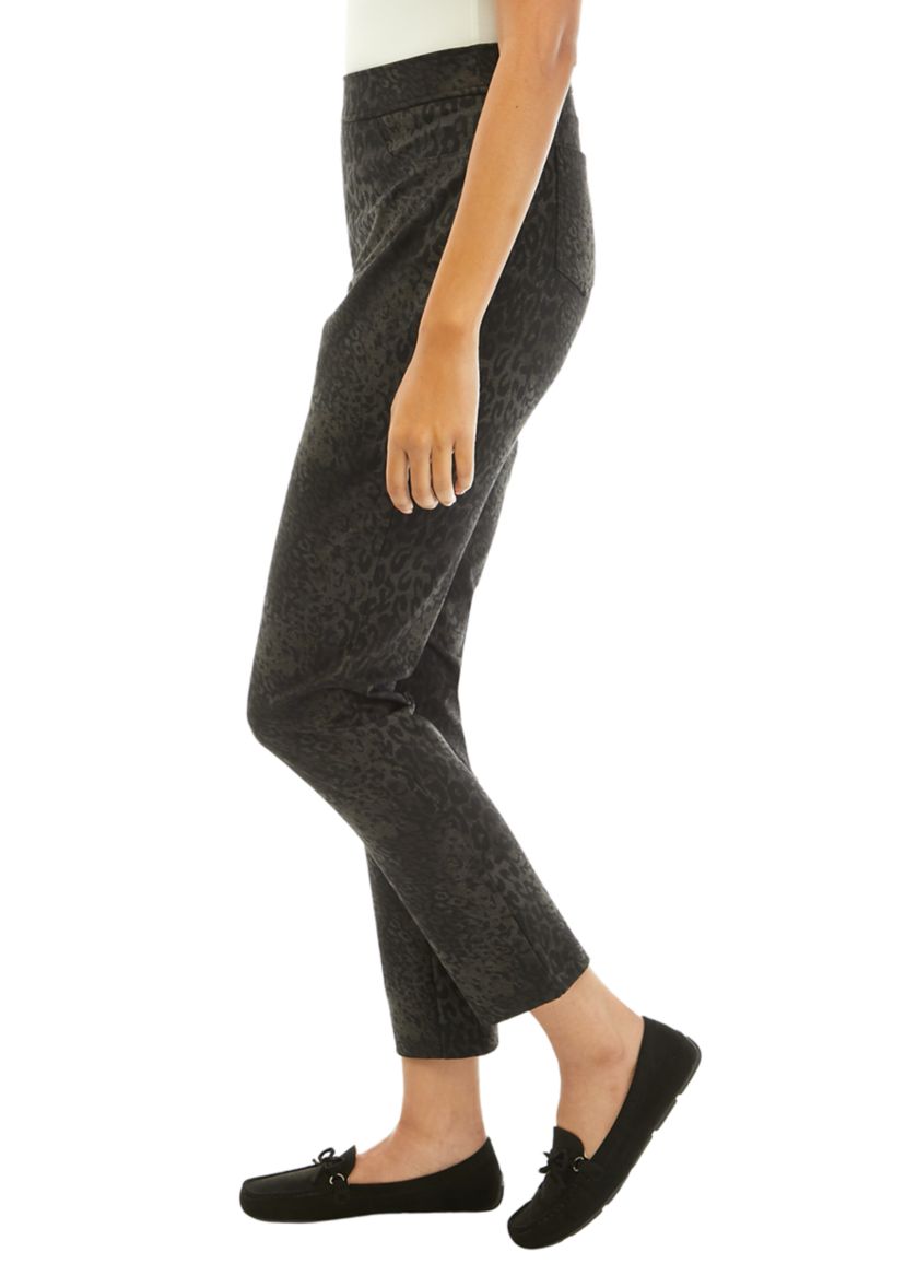 Womens Mixed Leopard Ponte Pull On 5 Pocket Slim Leg Pants