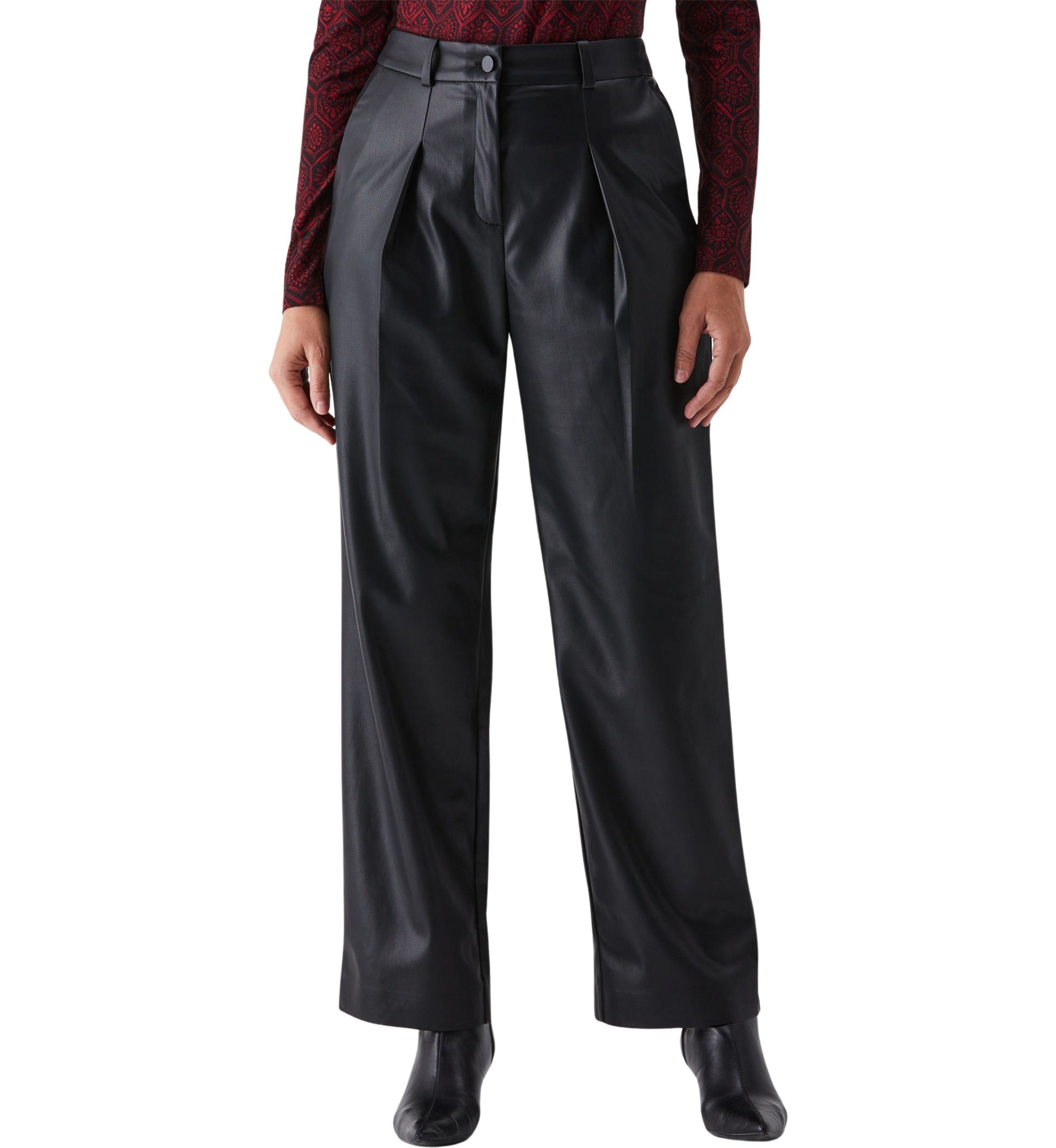 Vegan Leather Wide Leg Pleated Pants