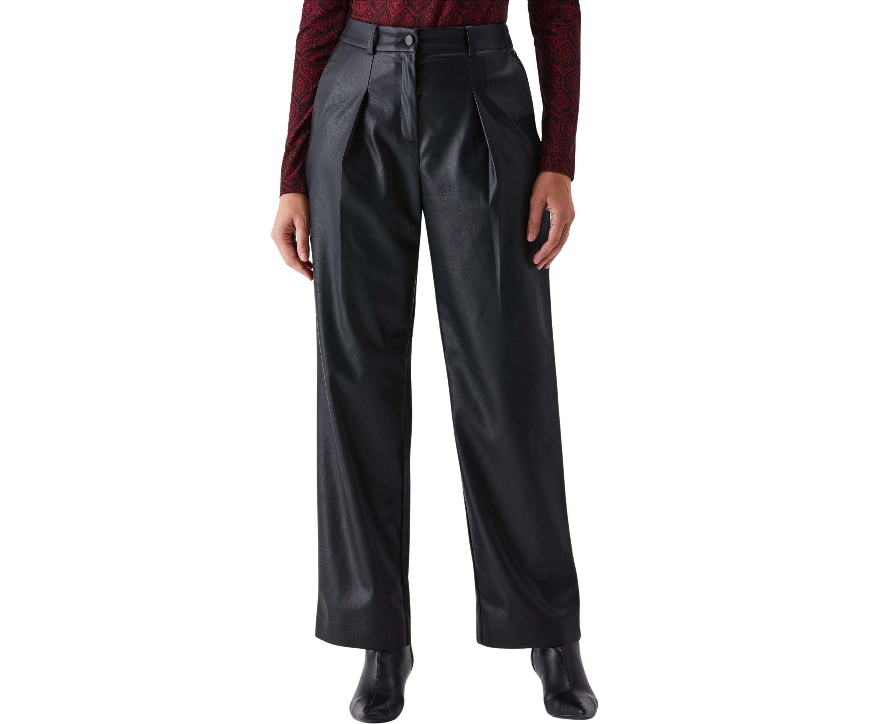 Vegan Leather Wide Leg Pleated Pants