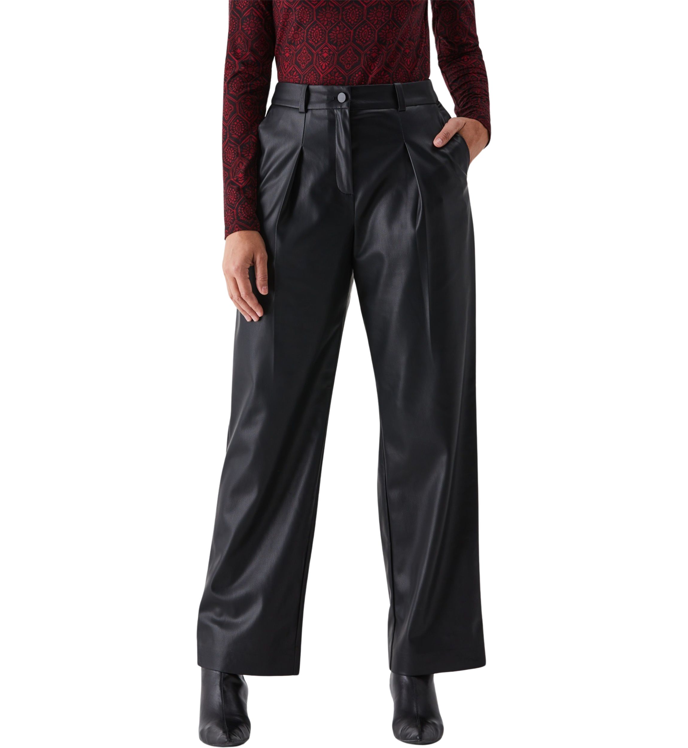 Vegan Leather Wide Leg Pleated Pants