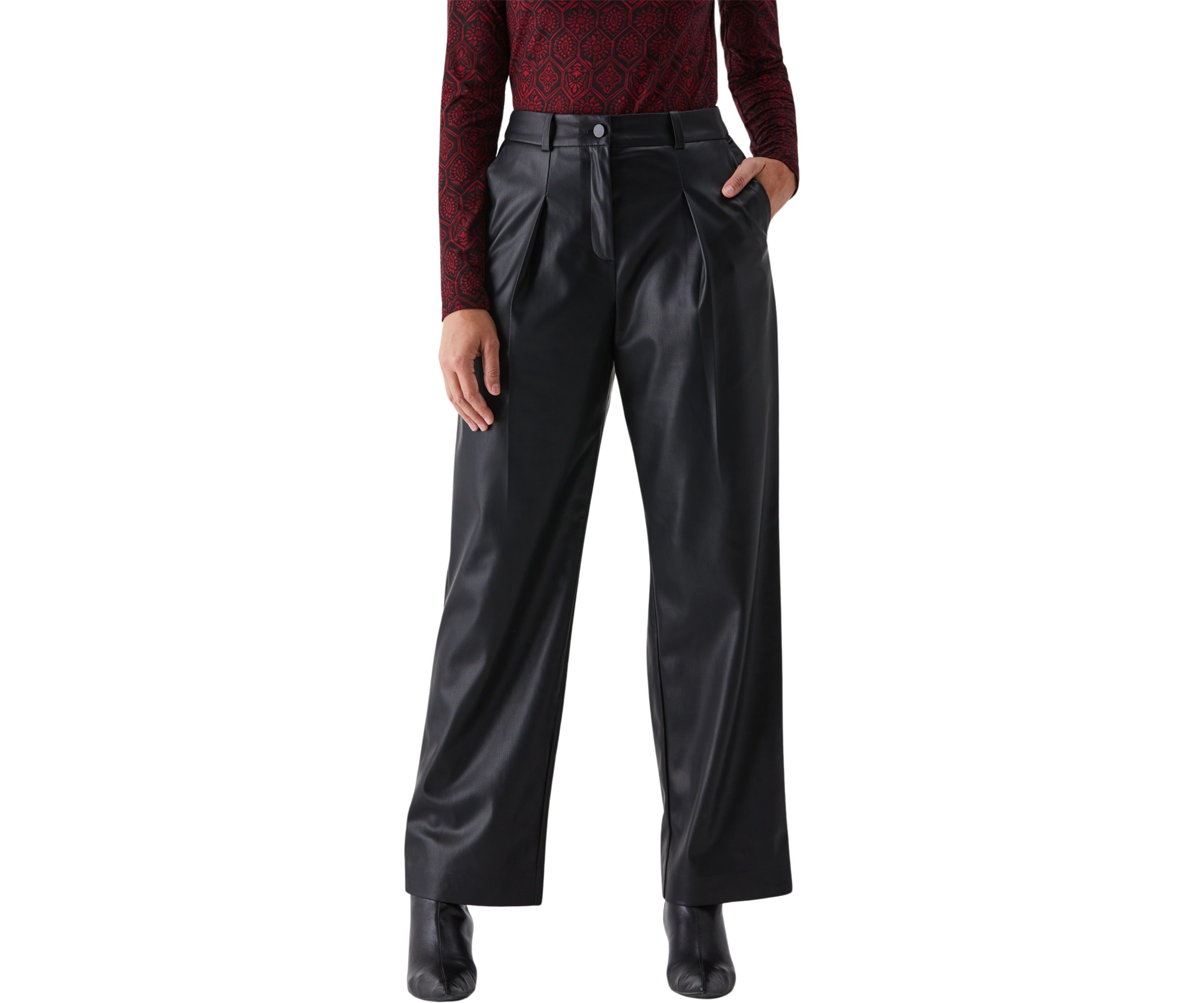 Vegan Leather Wide Leg Pleated Pants