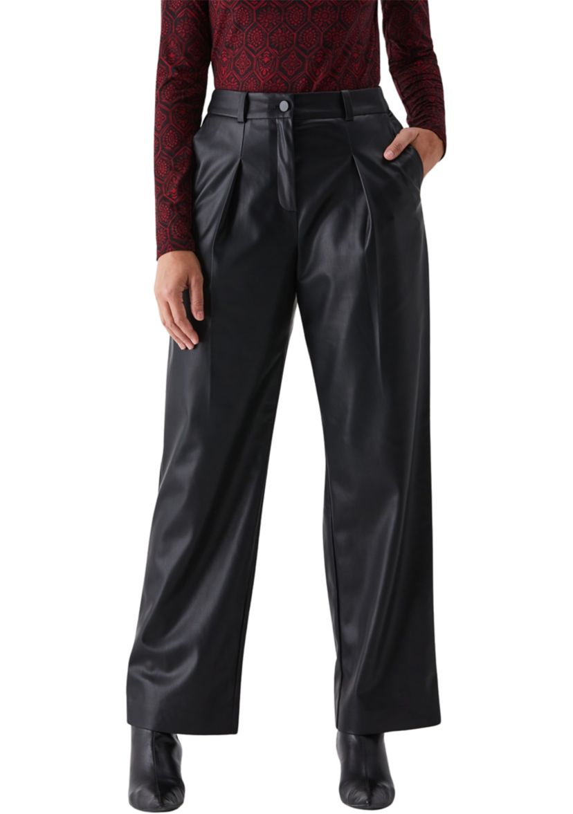 Vegan Leather Wide Leg Pleated Pants