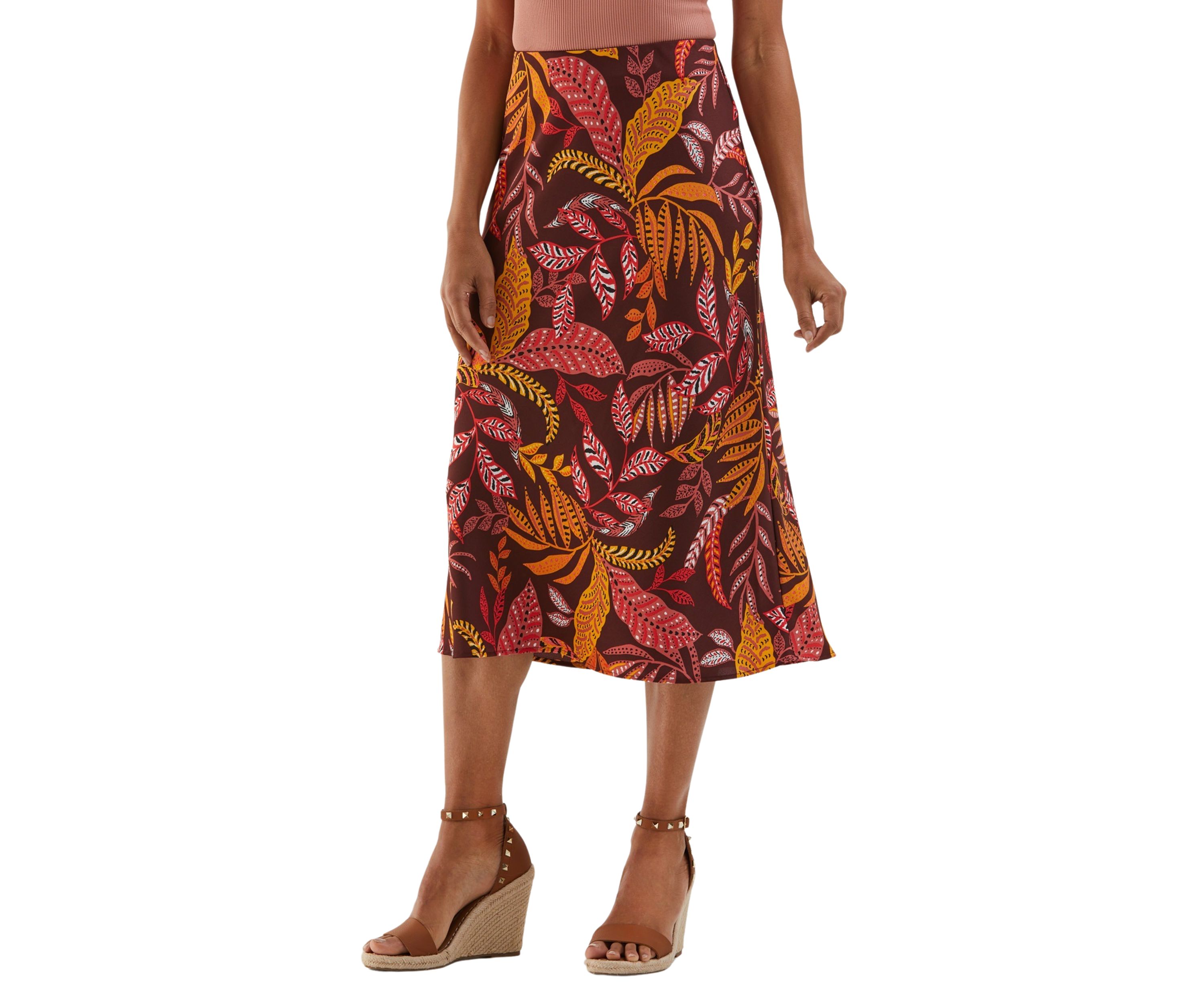 Womens Leaf Print Shine Midi Bias Skirt