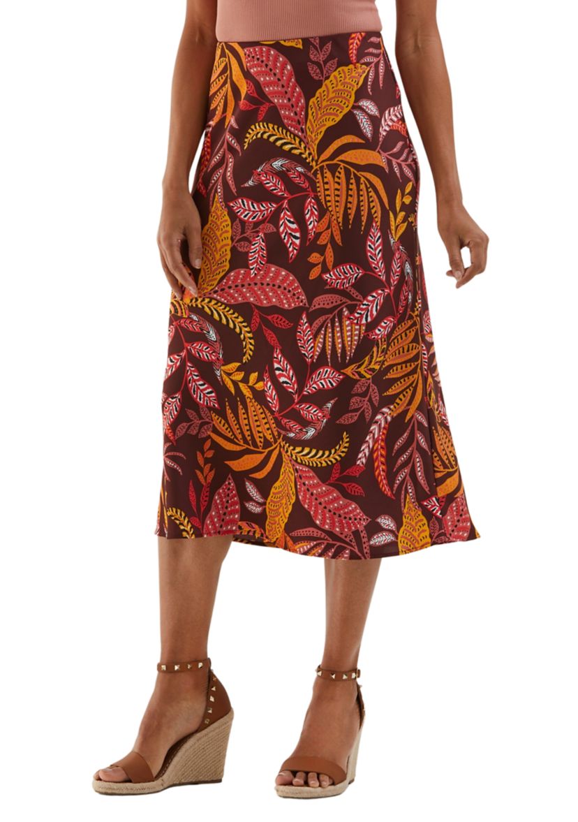 Womens Leaf Print Shine Midi Bias Skirt