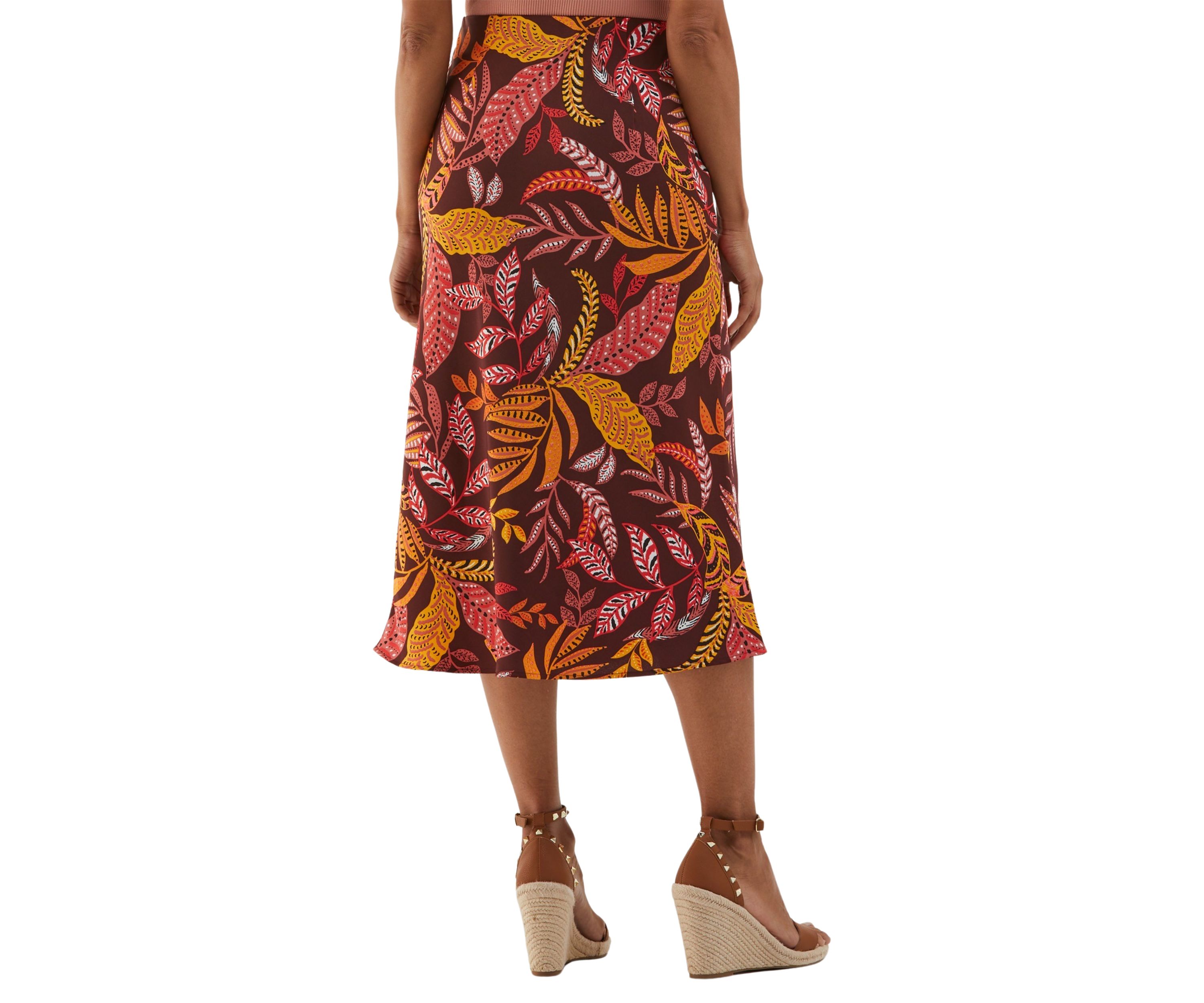 Womens Leaf Print Shine Midi Bias Skirt