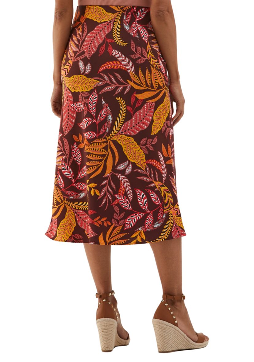 Womens Leaf Print Shine Midi Bias Skirt