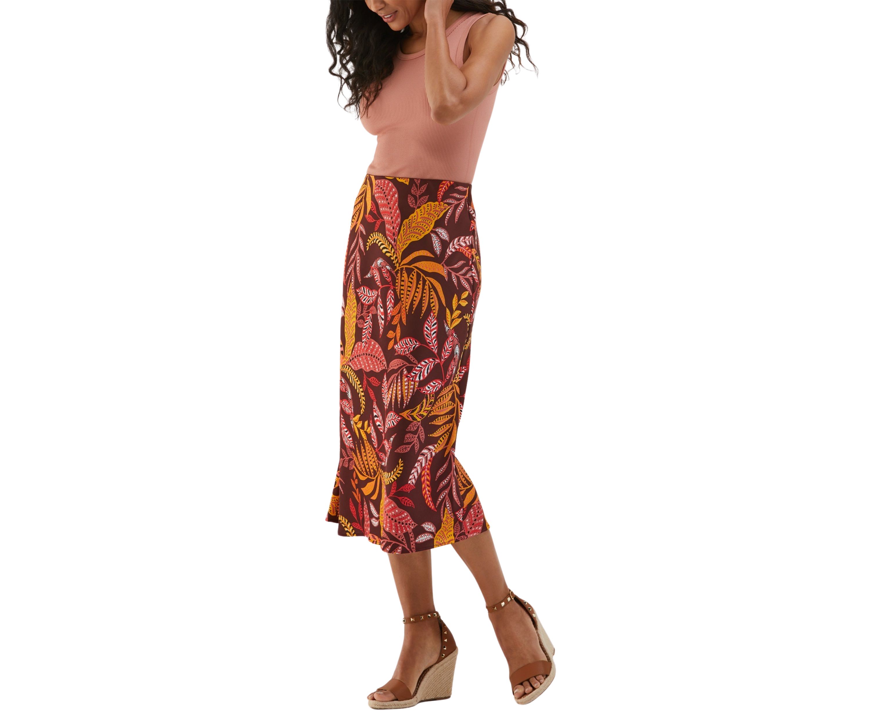 Womens Leaf Print Shine Midi Bias Skirt