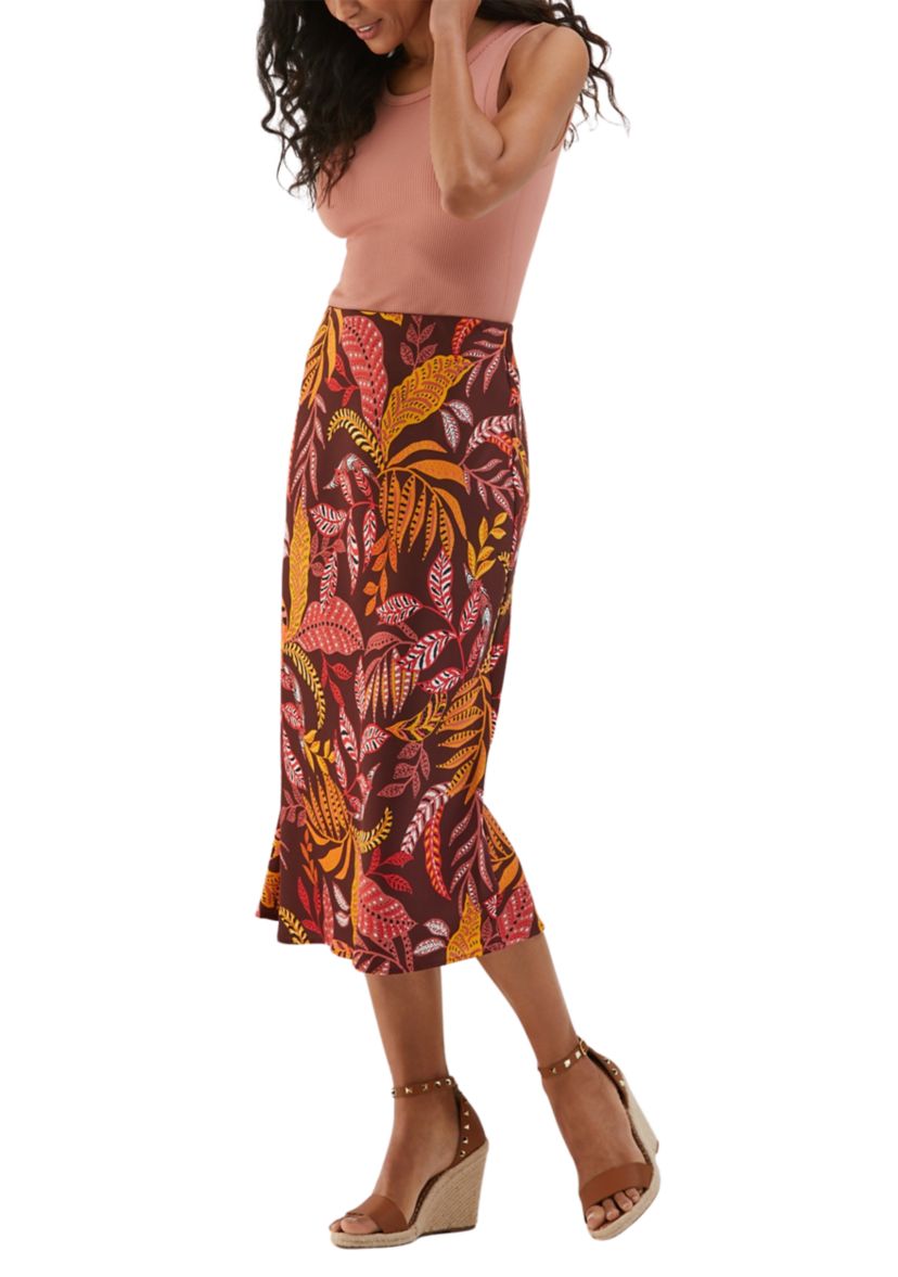 Womens Leaf Print Shine Midi Bias Skirt