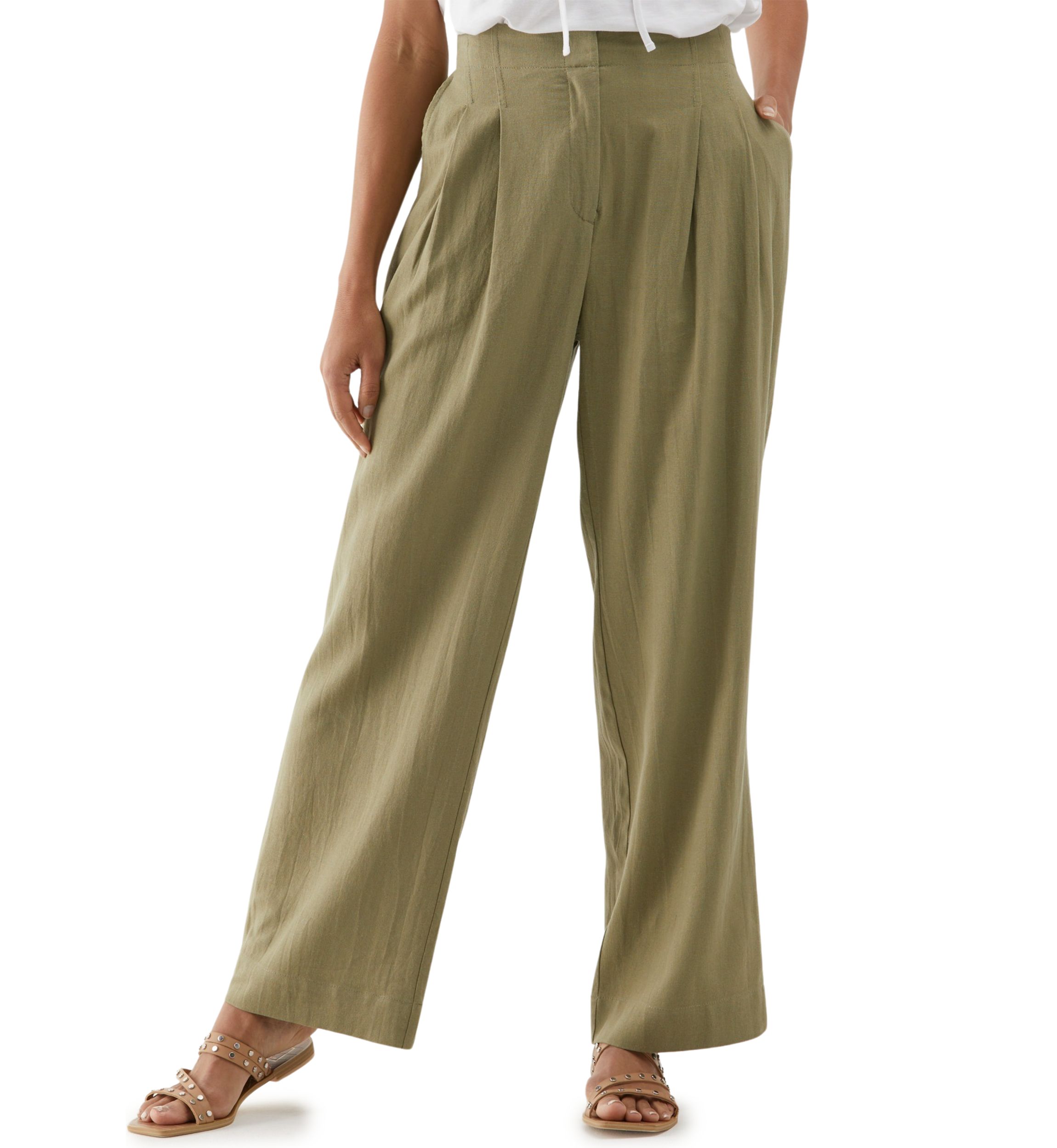 Womens Linen Blend Pleated Wide Leg Pants