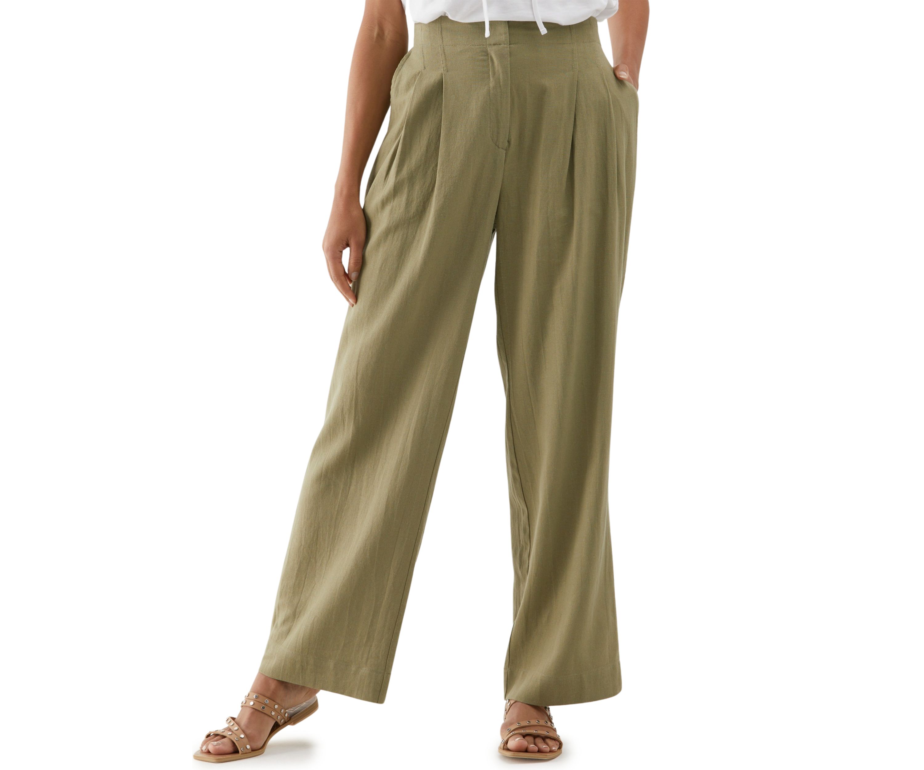 Womens Linen Blend Pleated Wide Leg Pants