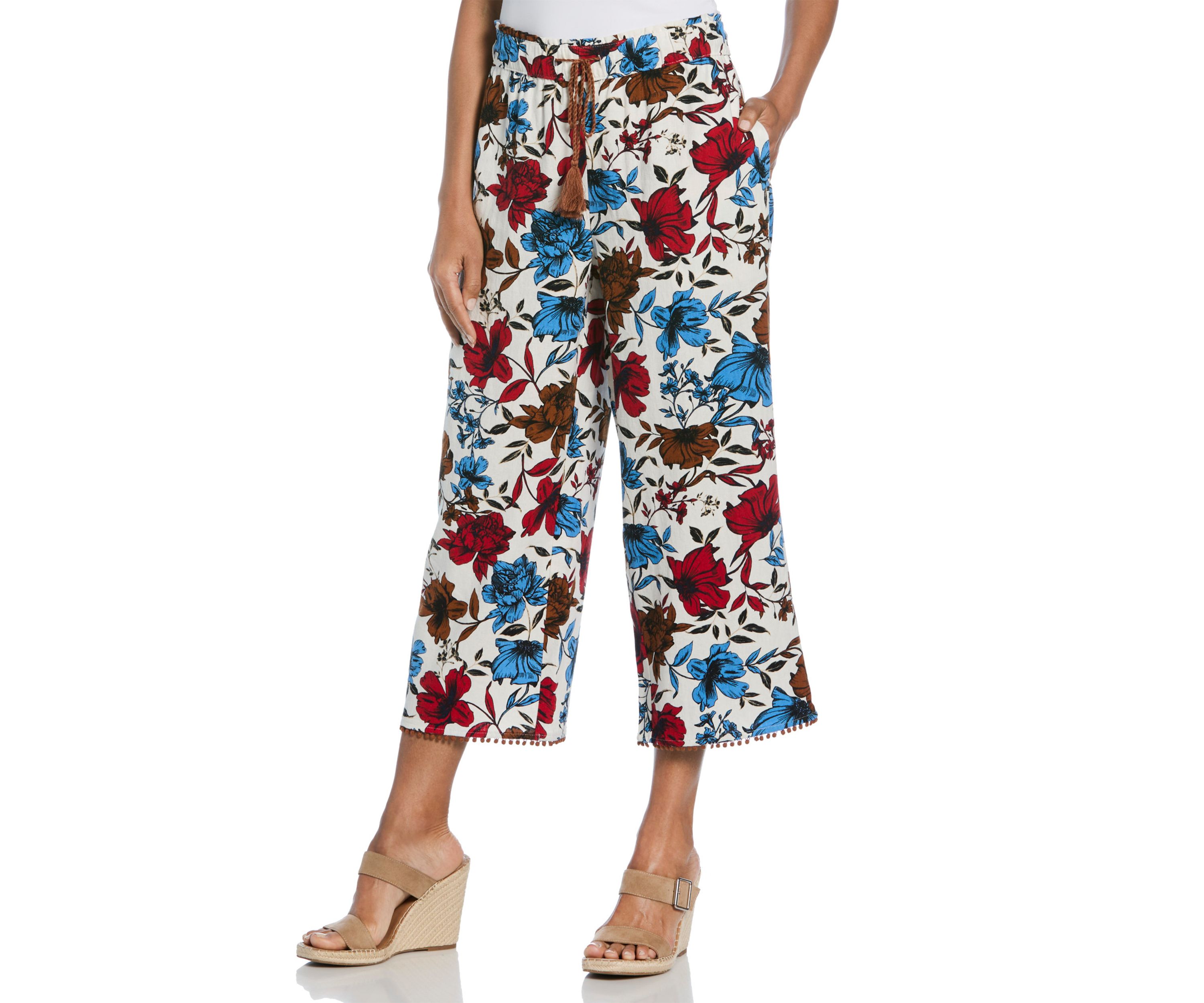 Womens Linen Blend Floral Print Bobble Hem Crop Pants