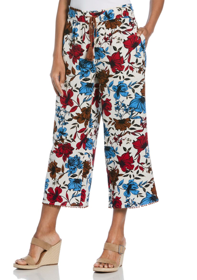 Womens Linen Blend Floral Print Bobble Hem Crop Pants