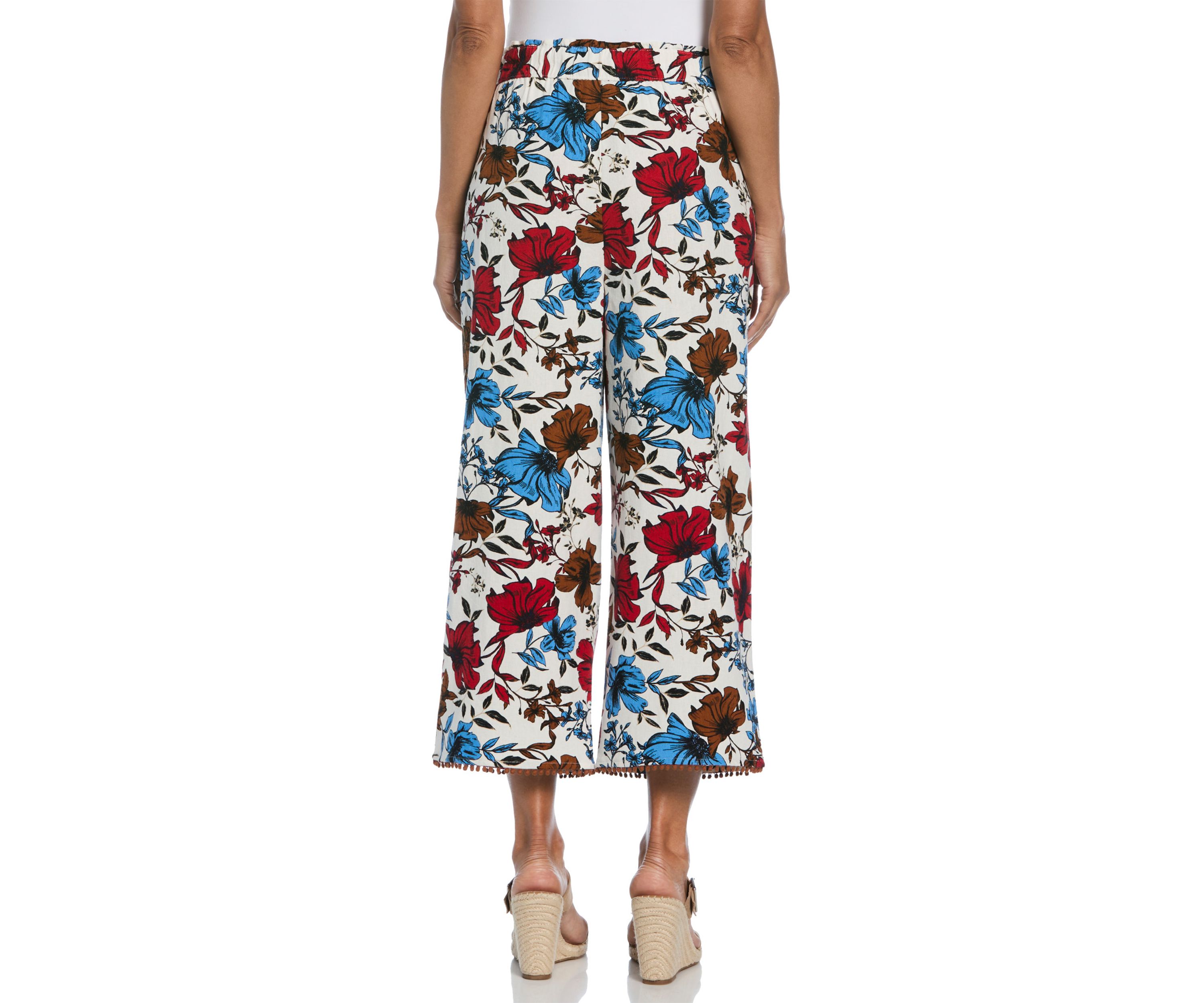 Womens Linen Blend Floral Print Bobble Hem Crop Pants