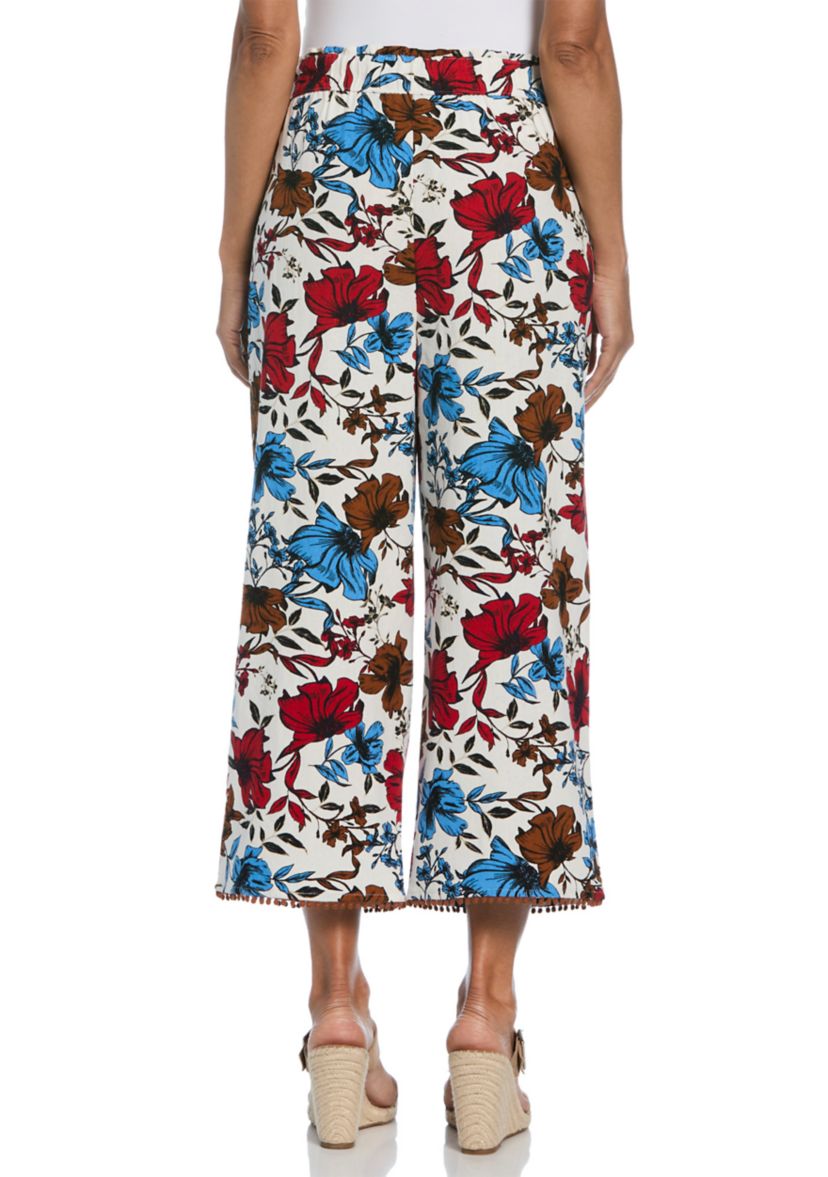 Womens Linen Blend Floral Print Bobble Hem Crop Pants